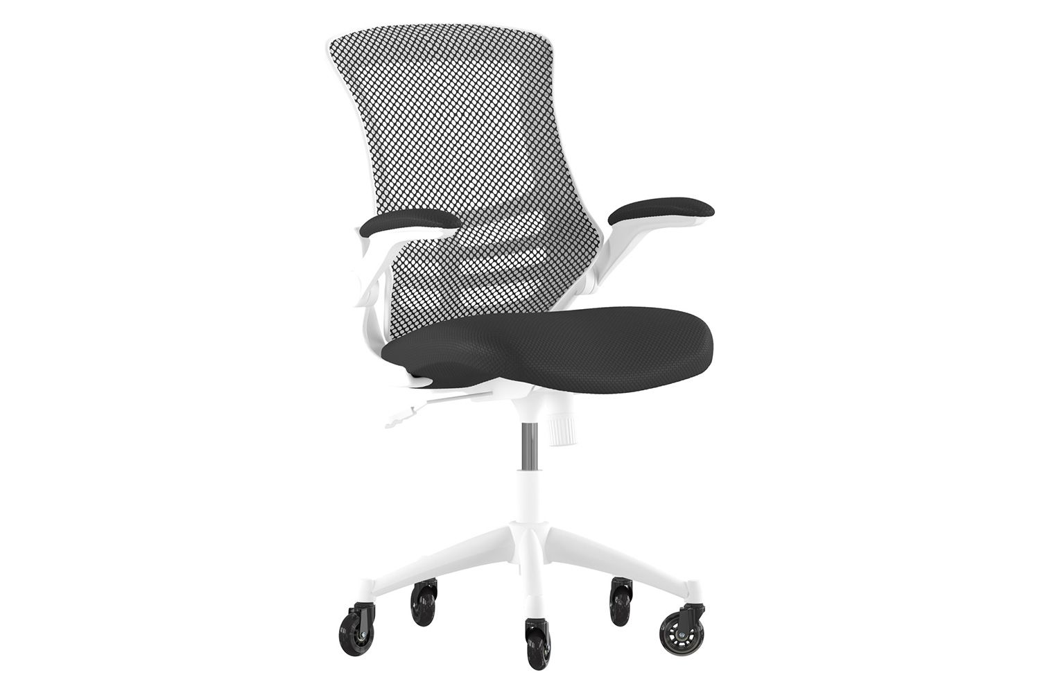 BLNK Kelista Mid-Back Mesh Swivel Ergonomic Task Office Chair with White Frame, Flip-Up Arms, and Transparent Roller Wheels - Black