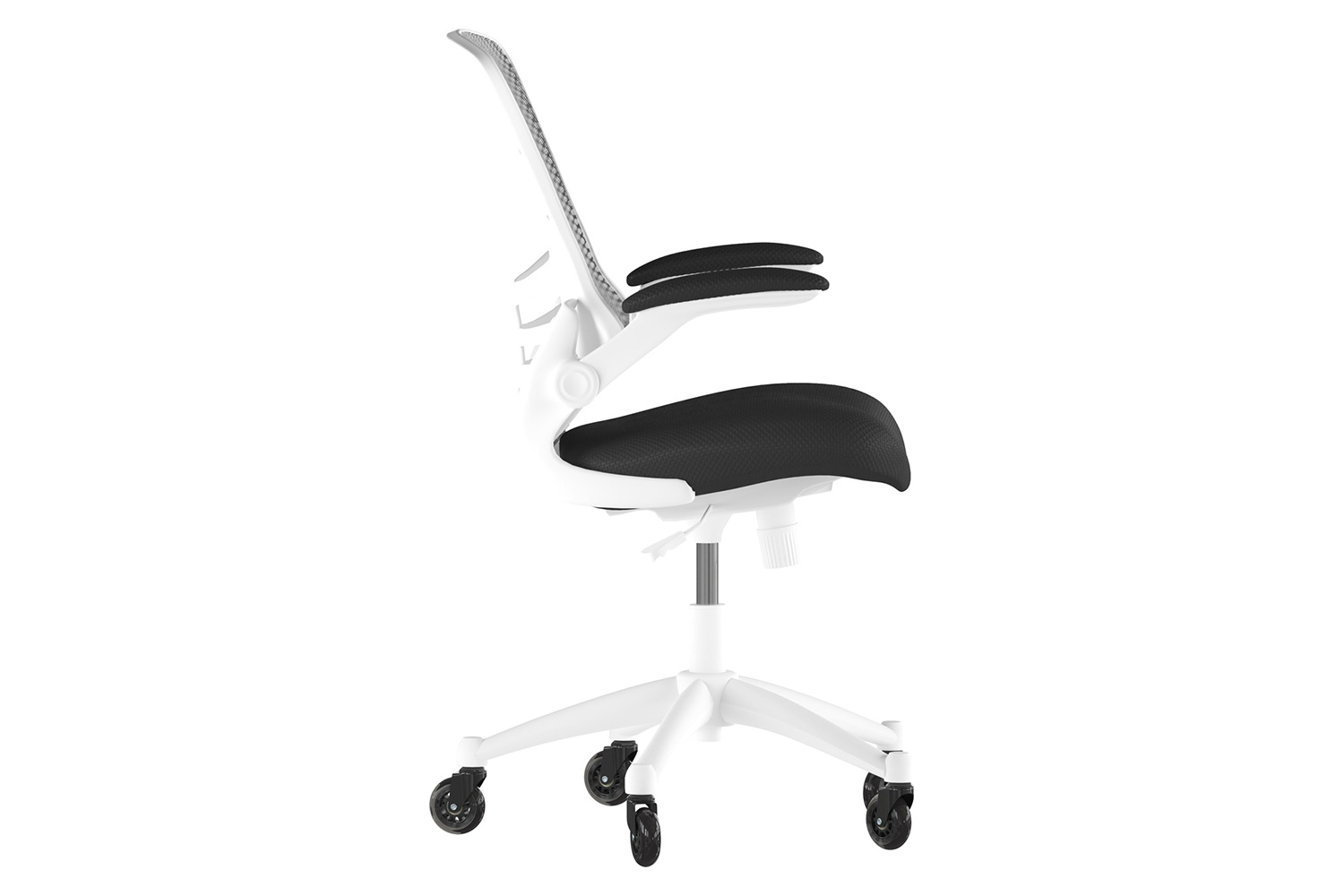 BLNK Kelista Mid-Back Mesh Swivel Ergonomic Task Office Chair with White Frame, Flip-Up Arms, and Transparent Roller Wheels - Black