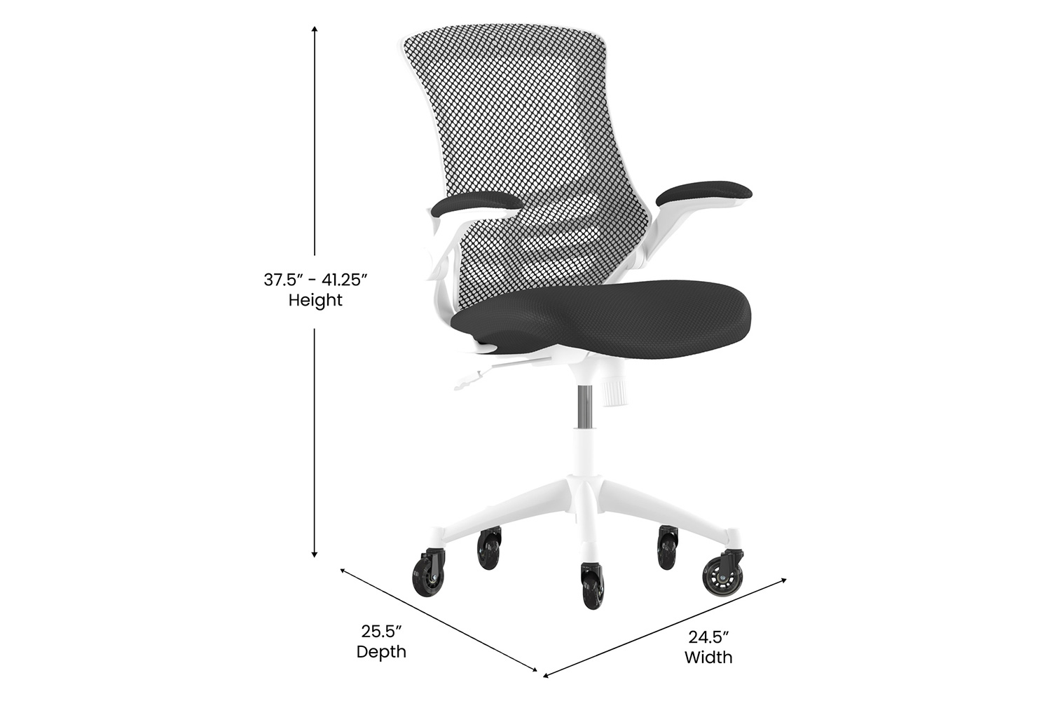 BLNK Kelista Mid-Back Mesh Swivel Ergonomic Task Office Chair with White Frame, Flip-Up Arms, and Transparent Roller Wheels - Black