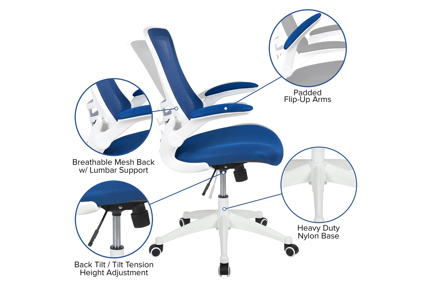 BLNK Kelista Mid-Back Mesh Swivel Ergonomic Task Office Chair with White Frame and Flip-Up Arms - Blue