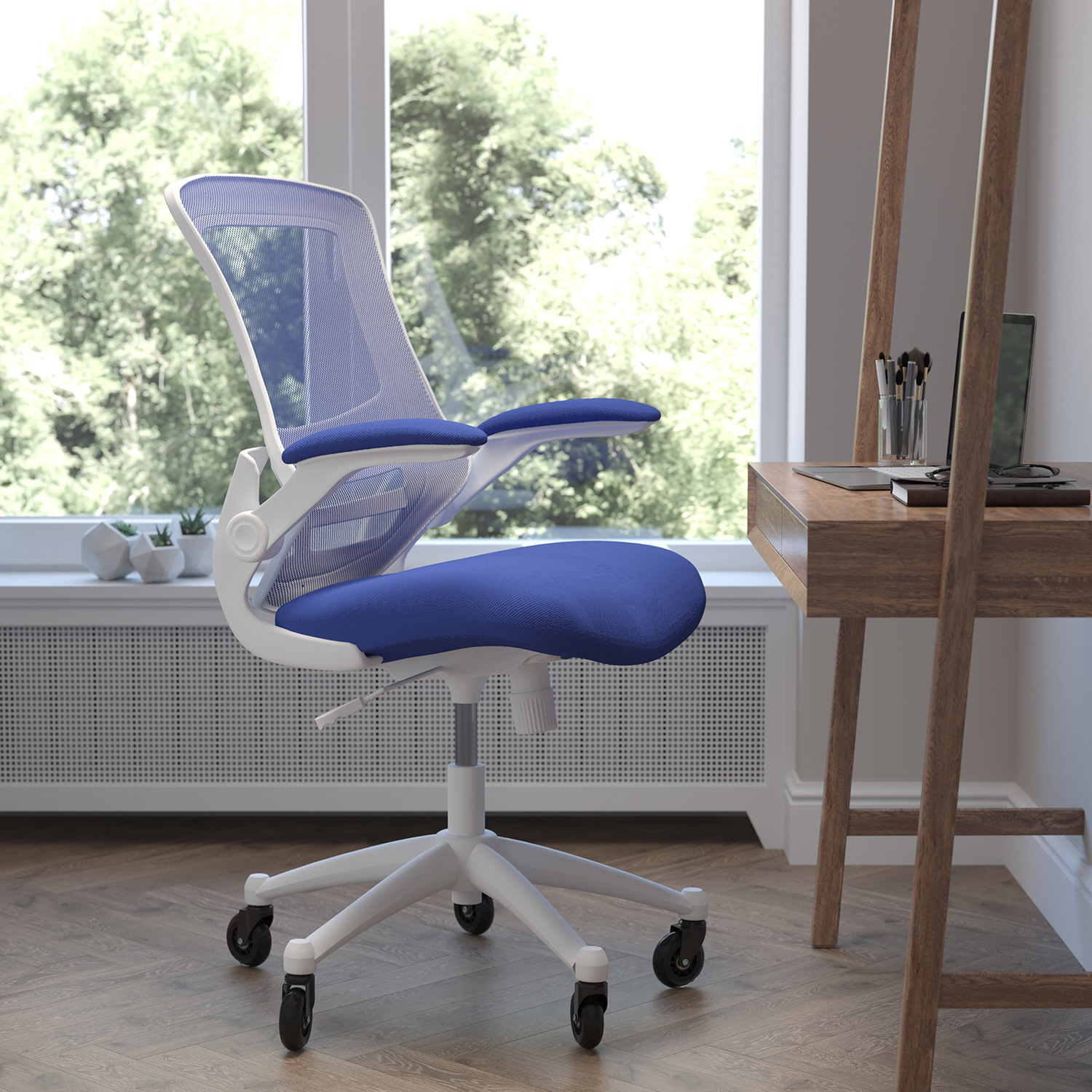 BLNK Kelista Mid-Back Mesh Swivel Ergonomic Task Office Chair with White Frame, Flip-Up Arms, and Transparent Roller Wheels