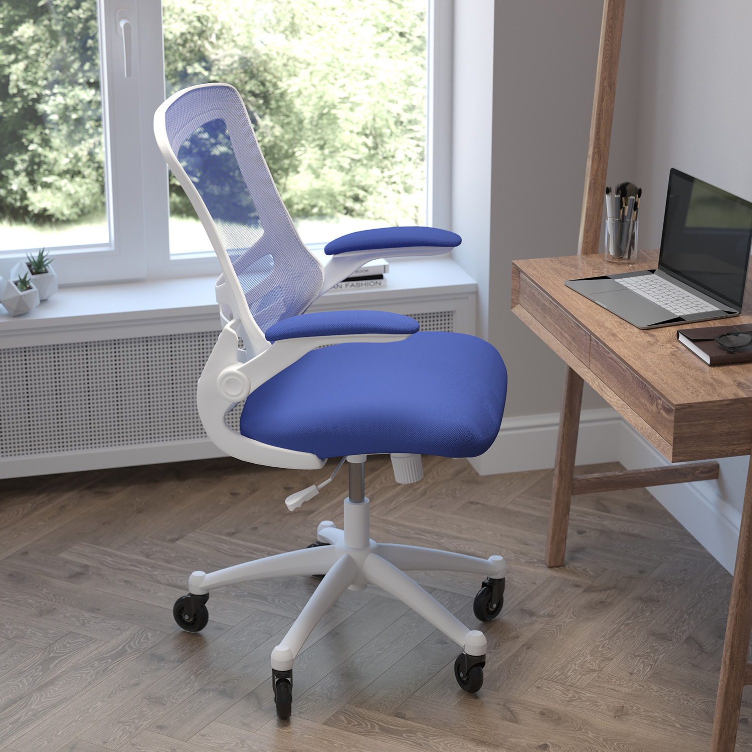 BLNK Kelista Mid-Back Mesh Swivel Ergonomic Task Office Chair with White Frame, Flip-Up Arms, and Transparent Roller Wheels - Blue