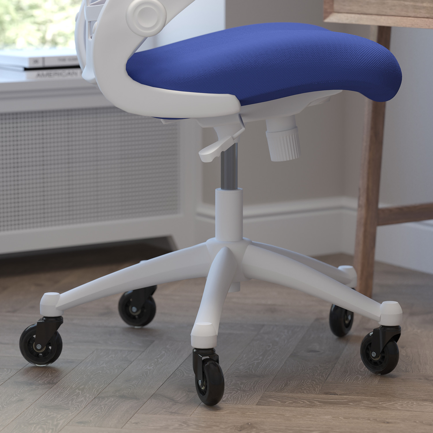 BLNK Kelista Mid-Back Mesh Swivel Ergonomic Task Office Chair with White Frame, Flip-Up Arms, and Transparent Roller Wheels - Blue