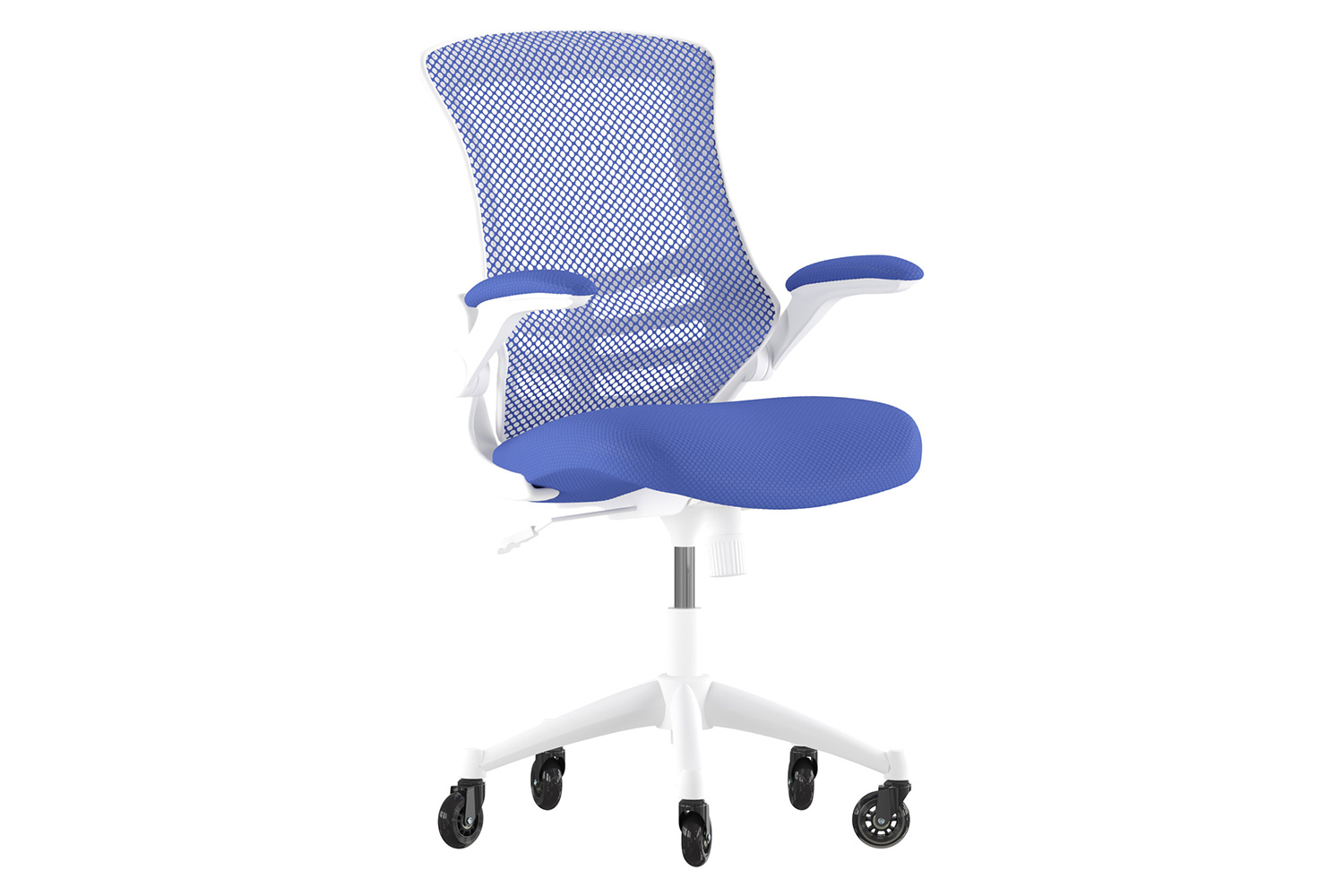 BLNK Kelista Mid-Back Mesh Swivel Ergonomic Task Office Chair with White Frame, Flip-Up Arms, and Transparent Roller Wheels - Blue