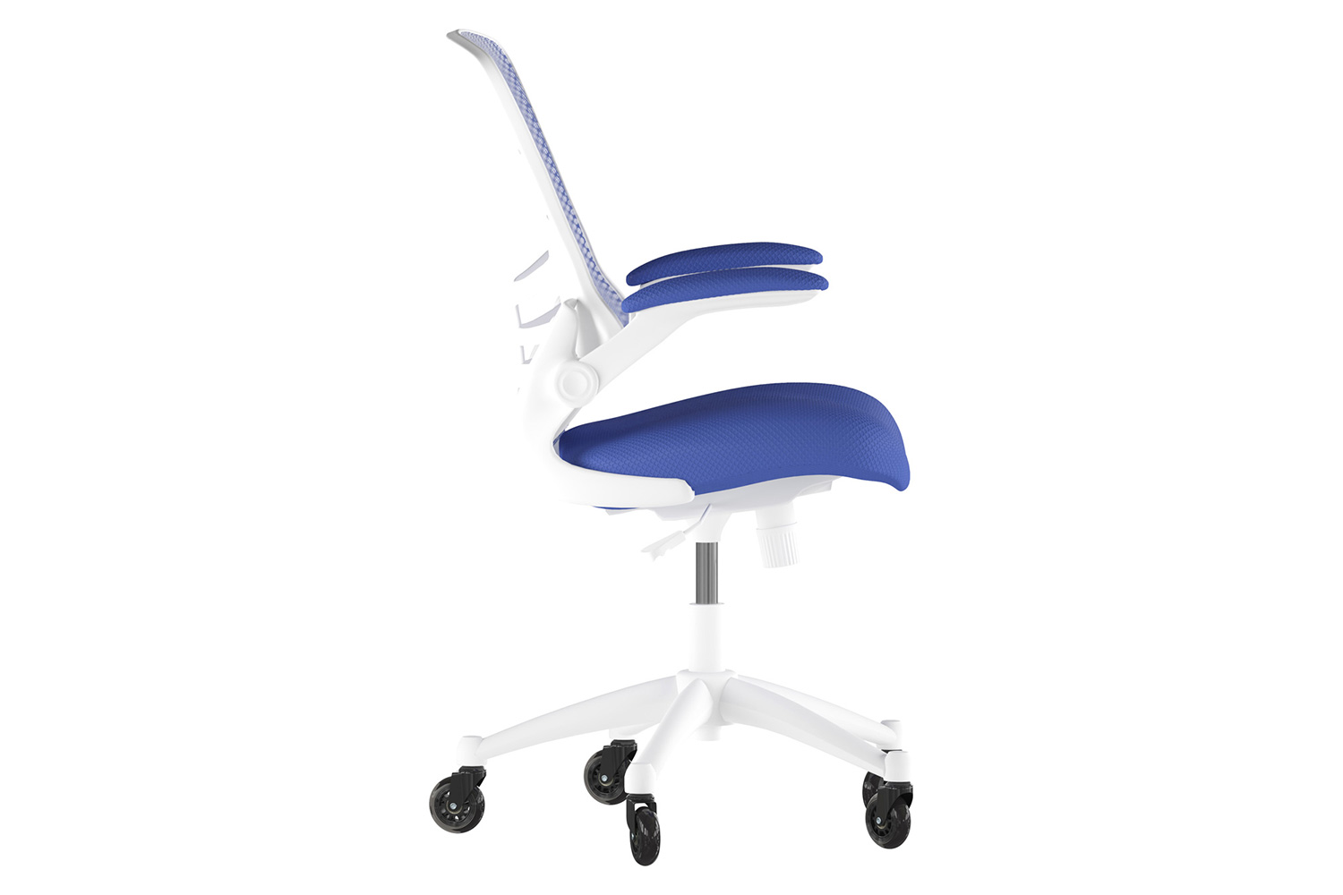 BLNK Kelista Mid-Back Mesh Swivel Ergonomic Task Office Chair with White Frame, Flip-Up Arms, and Transparent Roller Wheels - Blue