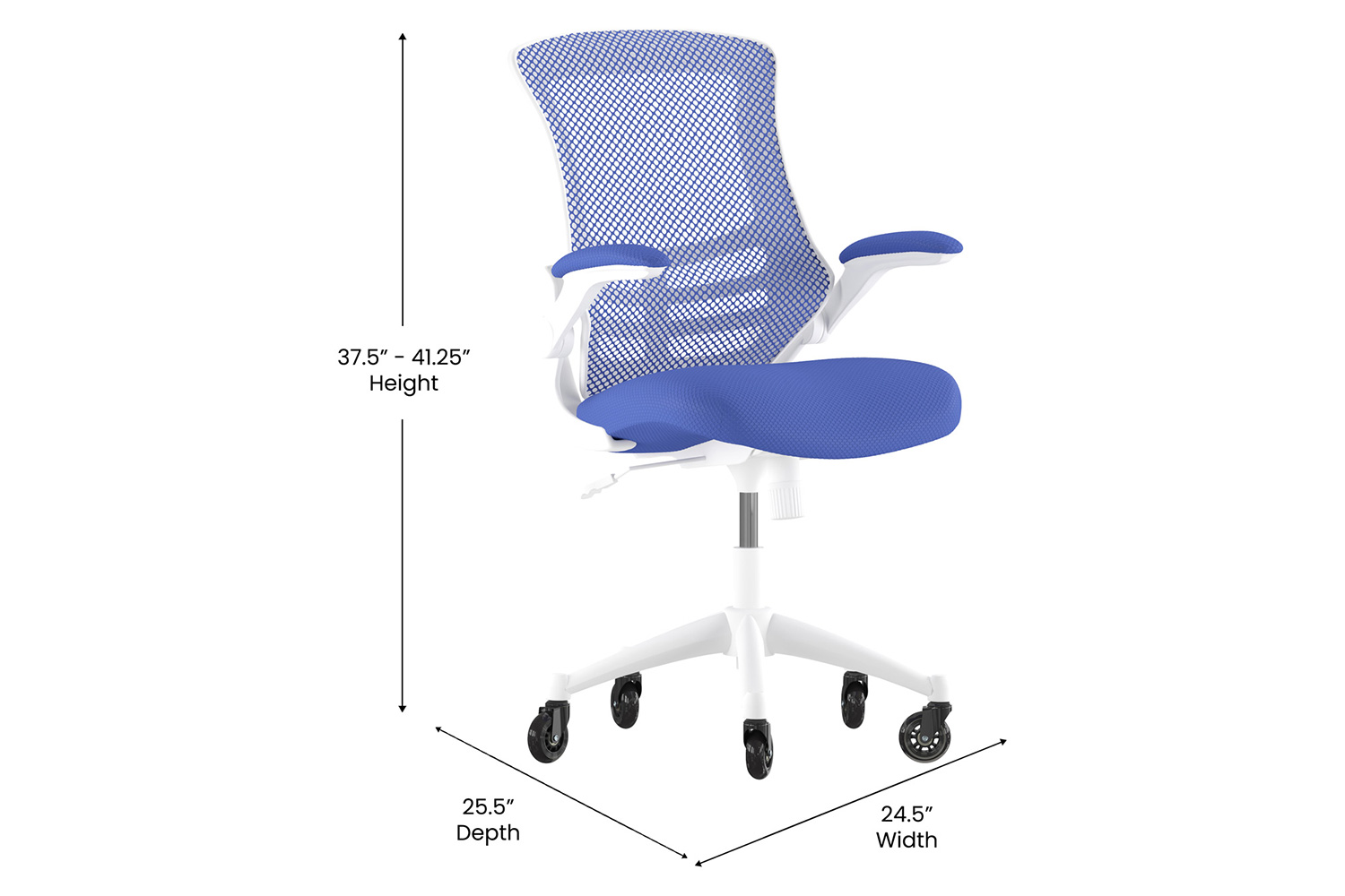 BLNK Kelista Mid-Back Mesh Swivel Ergonomic Task Office Chair with White Frame, Flip-Up Arms, and Transparent Roller Wheels - Blue