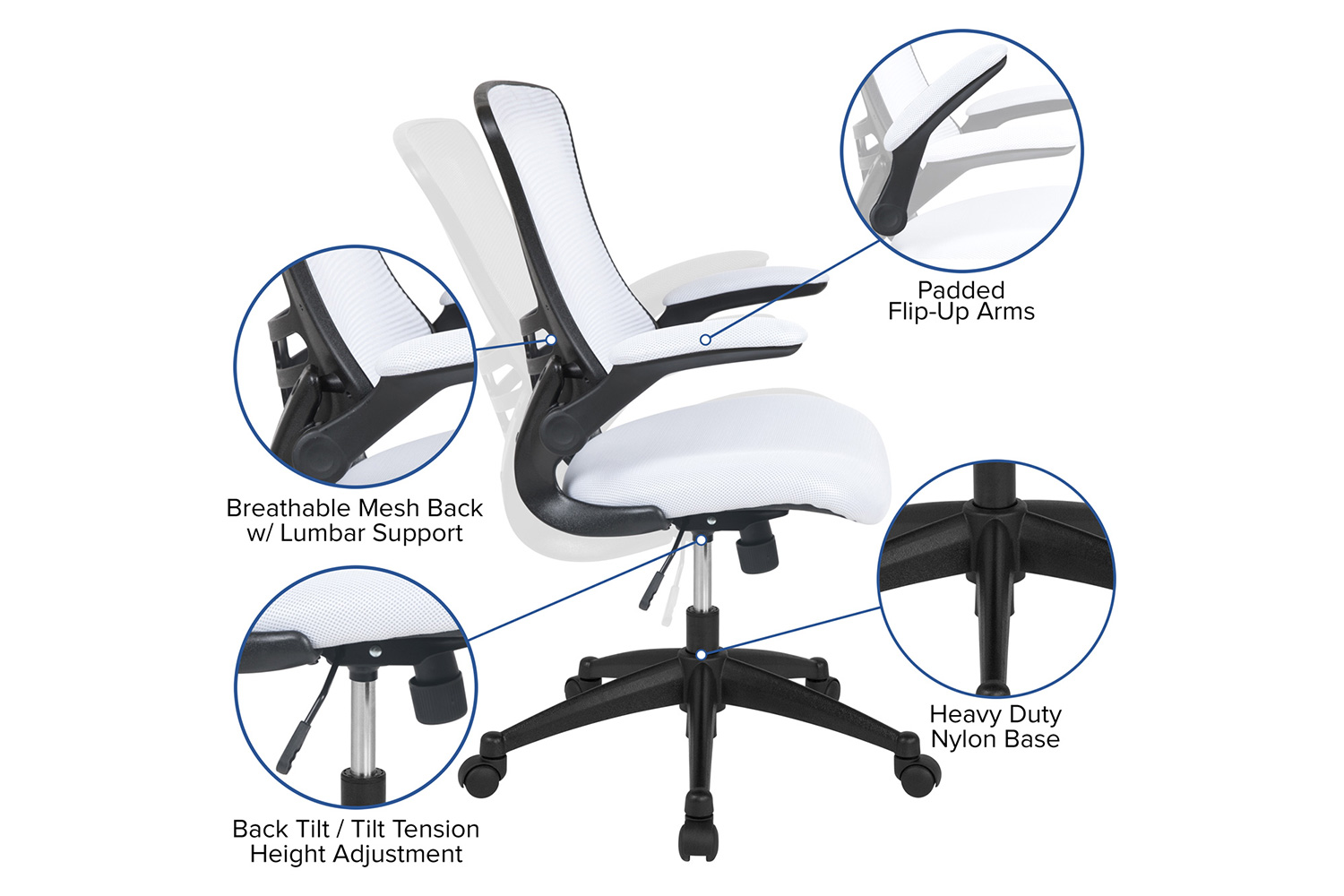 BLNK Kelista Mid-Back Mesh Swivel Ergonomic Task Office Chair with Flip-Up Arms - White