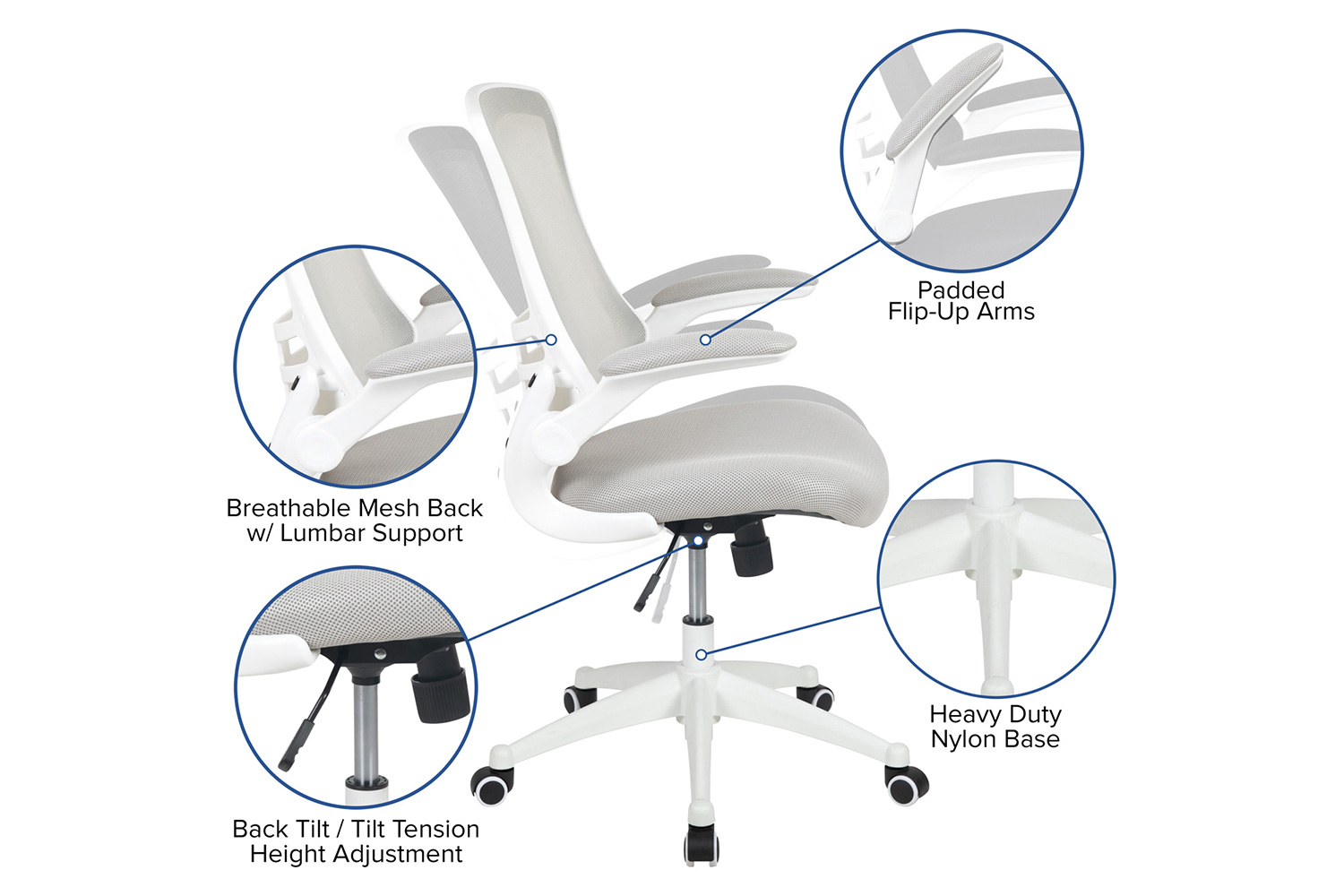 BLNK Kelista Mid-Back Mesh Swivel Ergonomic Task Office Chair with White Frame and Flip-Up Arms - Light Gray