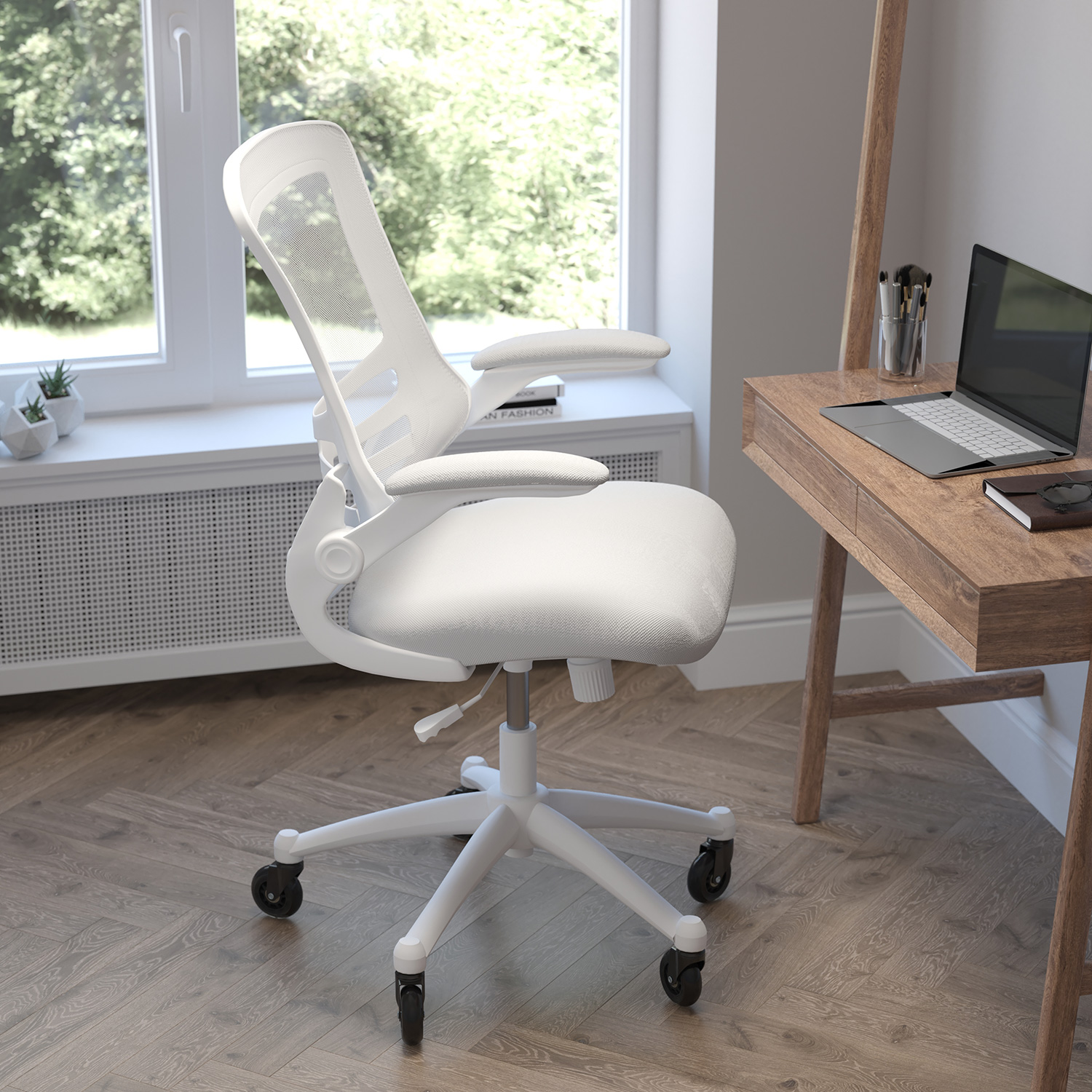 BLNK Kelista Mid-Back Mesh Swivel Ergonomic Task Office Chair with White Frame, Flip-Up Arms, and Transparent Roller Wheels - Light Gray