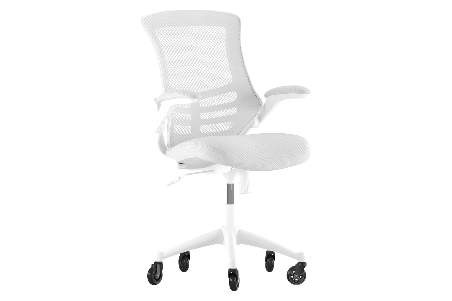 BLNK Kelista Mid-Back Mesh Swivel Ergonomic Task Office Chair with White Frame, Flip-Up Arms, and Transparent Roller Wheels - Light Gray