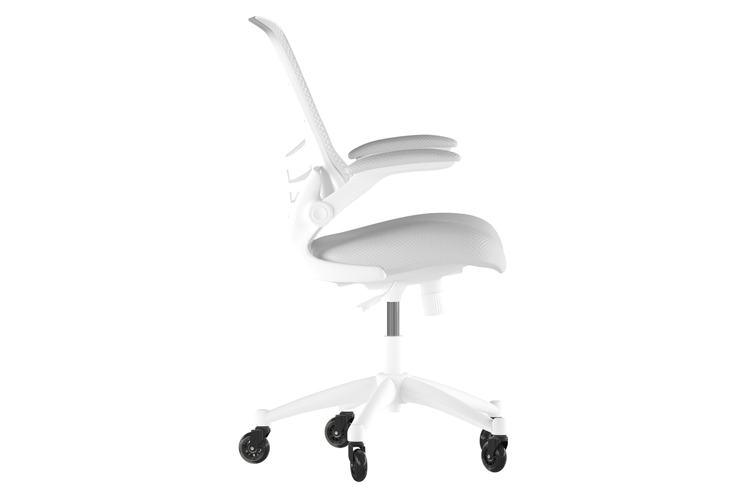 BLNK Kelista Mid-Back Mesh Swivel Ergonomic Task Office Chair with White Frame, Flip-Up Arms, and Transparent Roller Wheels - Light Gray