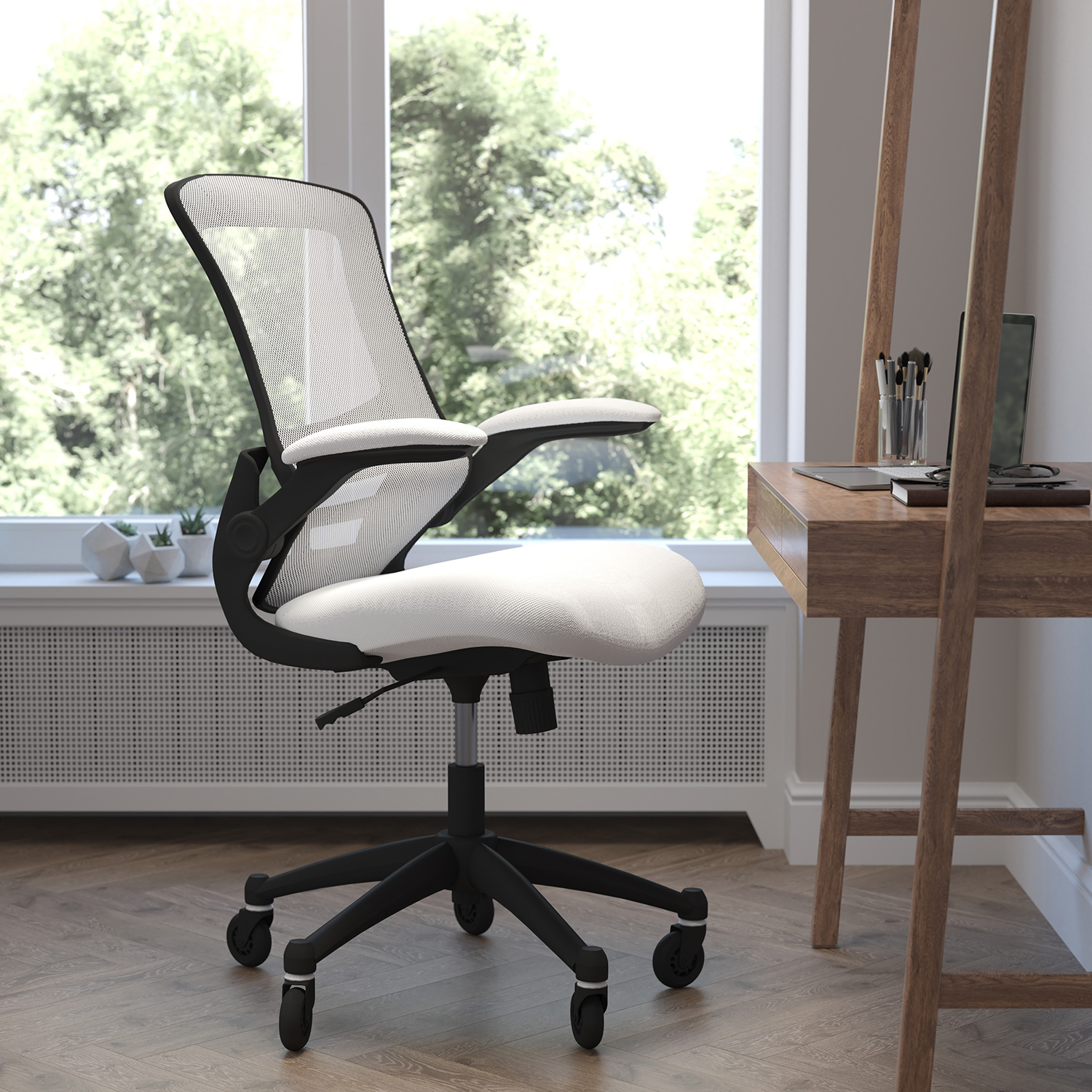 BLNK Kelista Mid-Back Mesh Swivel Ergonomic Task Office Chair with Flip-Up Arms and Transparent Roller Wheels