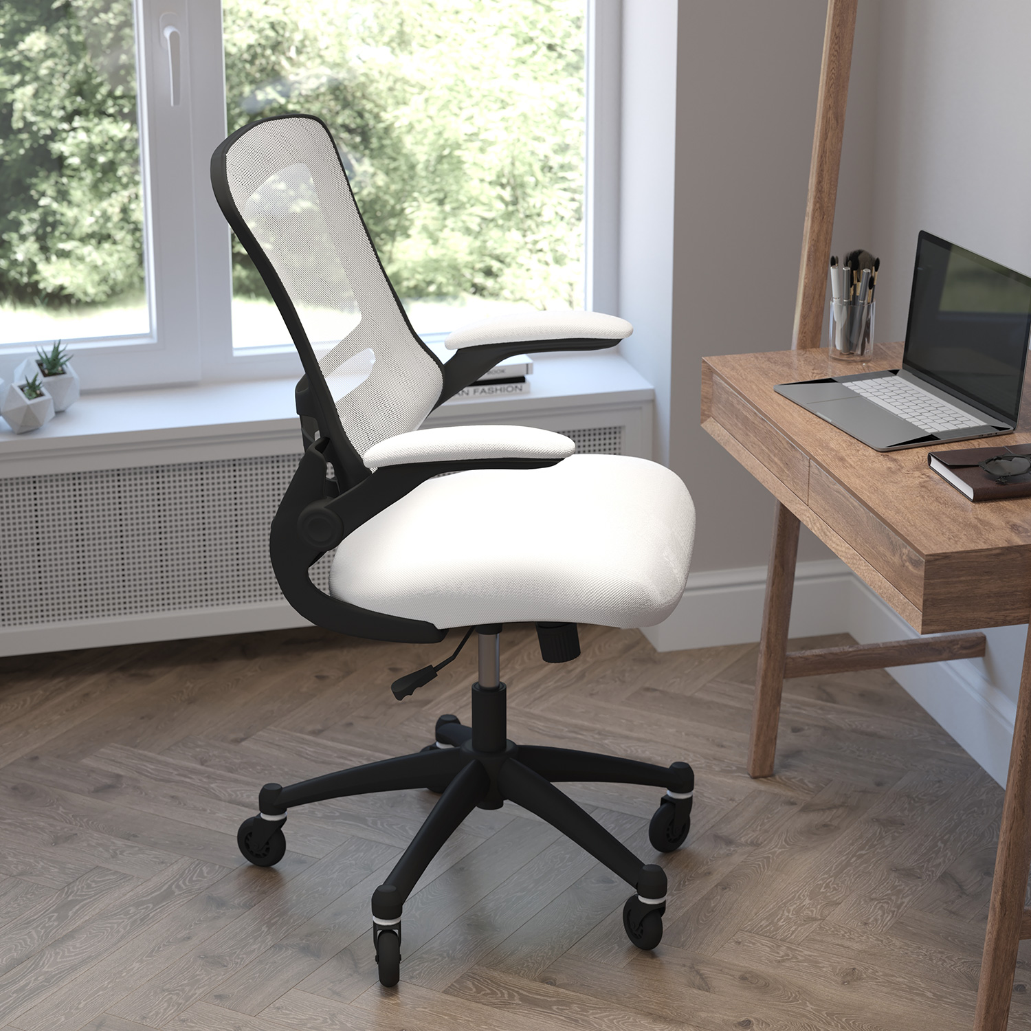 BLNK Kelista Mid-Back Mesh Swivel Ergonomic Task Office Chair with Flip-Up Arms and Transparent Roller Wheels - White