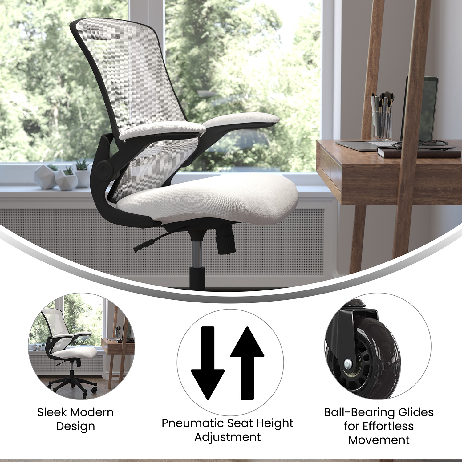 BLNK Kelista Mid-Back Mesh Swivel Ergonomic Task Office Chair with Flip-Up Arms and Transparent Roller Wheels - White