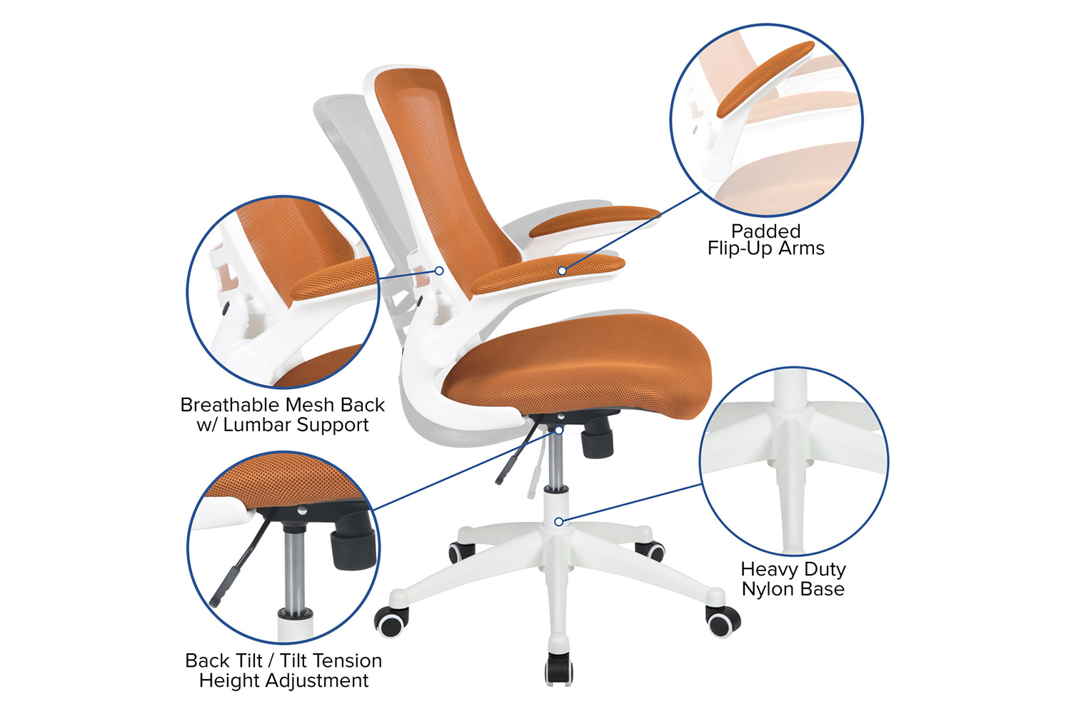 BLNK Kelista Mid-Back Mesh Swivel Ergonomic Task Office Chair with White Frame and Flip-Up Arms - Tan