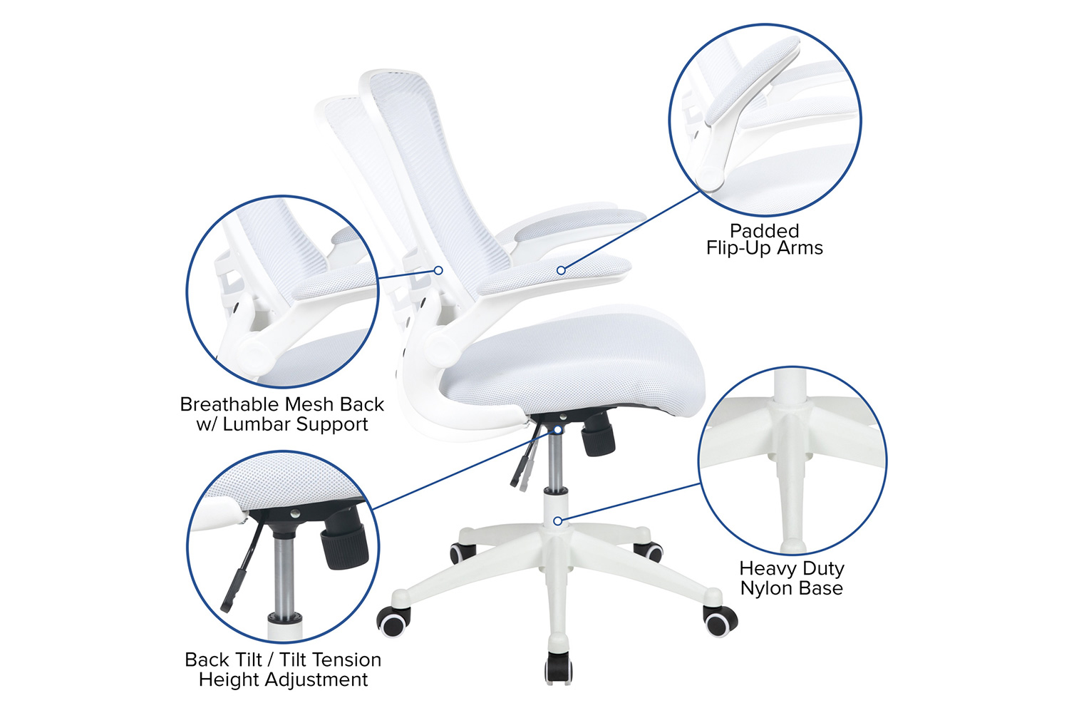 BLNK Kelista Mid-Back Mesh Swivel Ergonomic Task Office Chair with White Frame and Flip-Up Arms - White