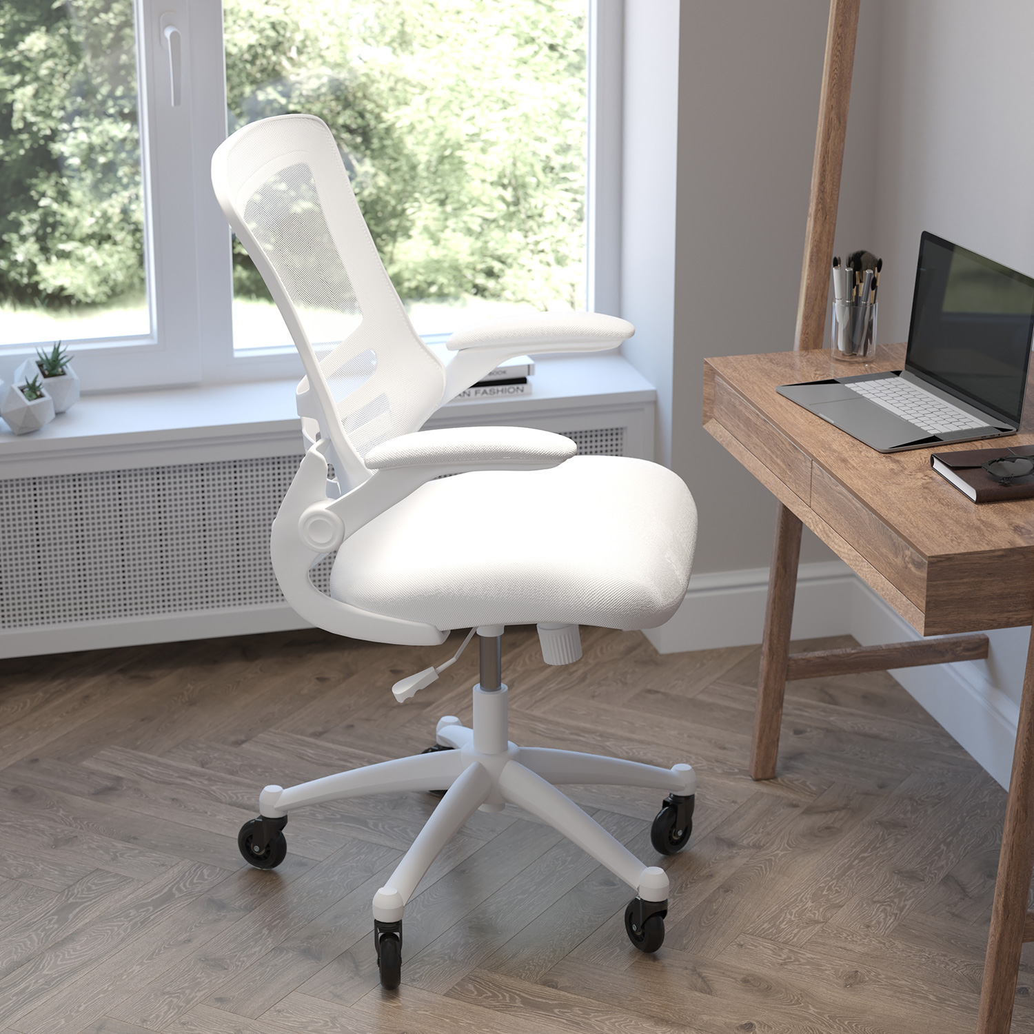 BLNK Kelista Mid-Back Mesh Swivel Ergonomic Task Office Chair with White Frame, Flip-Up Arms, and Transparent Roller Wheels