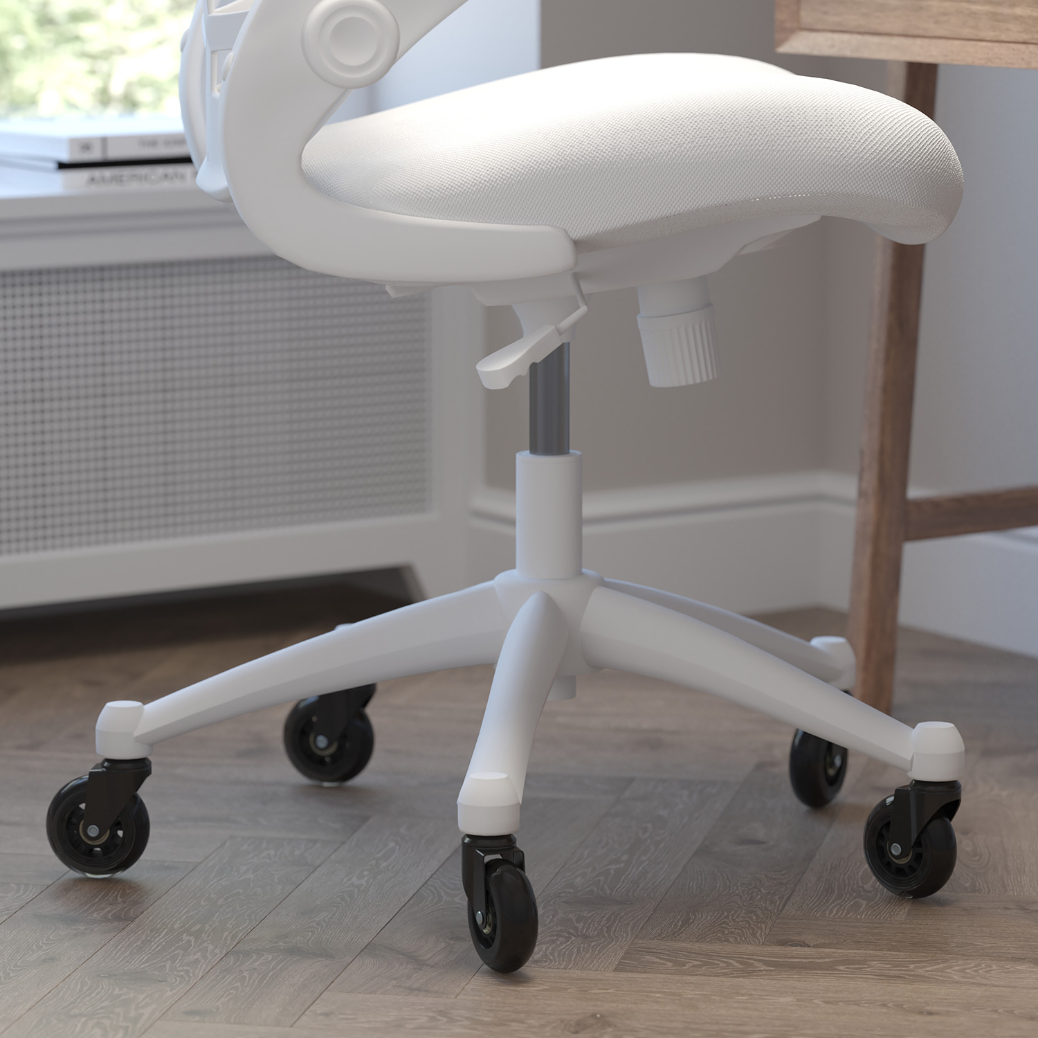 BLNK Kelista Mid-Back Mesh Swivel Ergonomic Task Office Chair with White Frame, Flip-Up Arms, and Transparent Roller Wheels - White