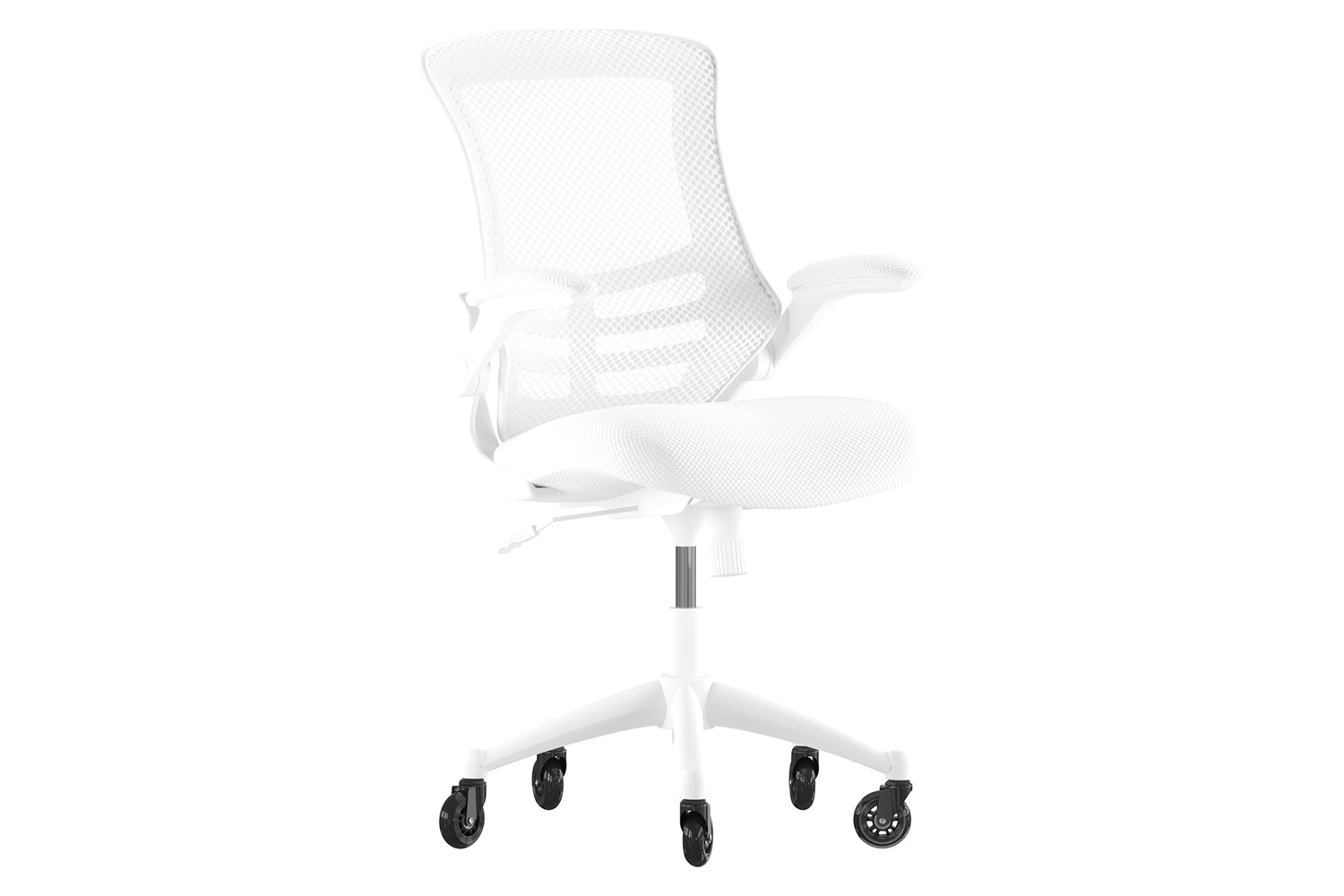 BLNK Kelista Mid-Back Mesh Swivel Ergonomic Task Office Chair with White Frame, Flip-Up Arms, and Transparent Roller Wheels - White