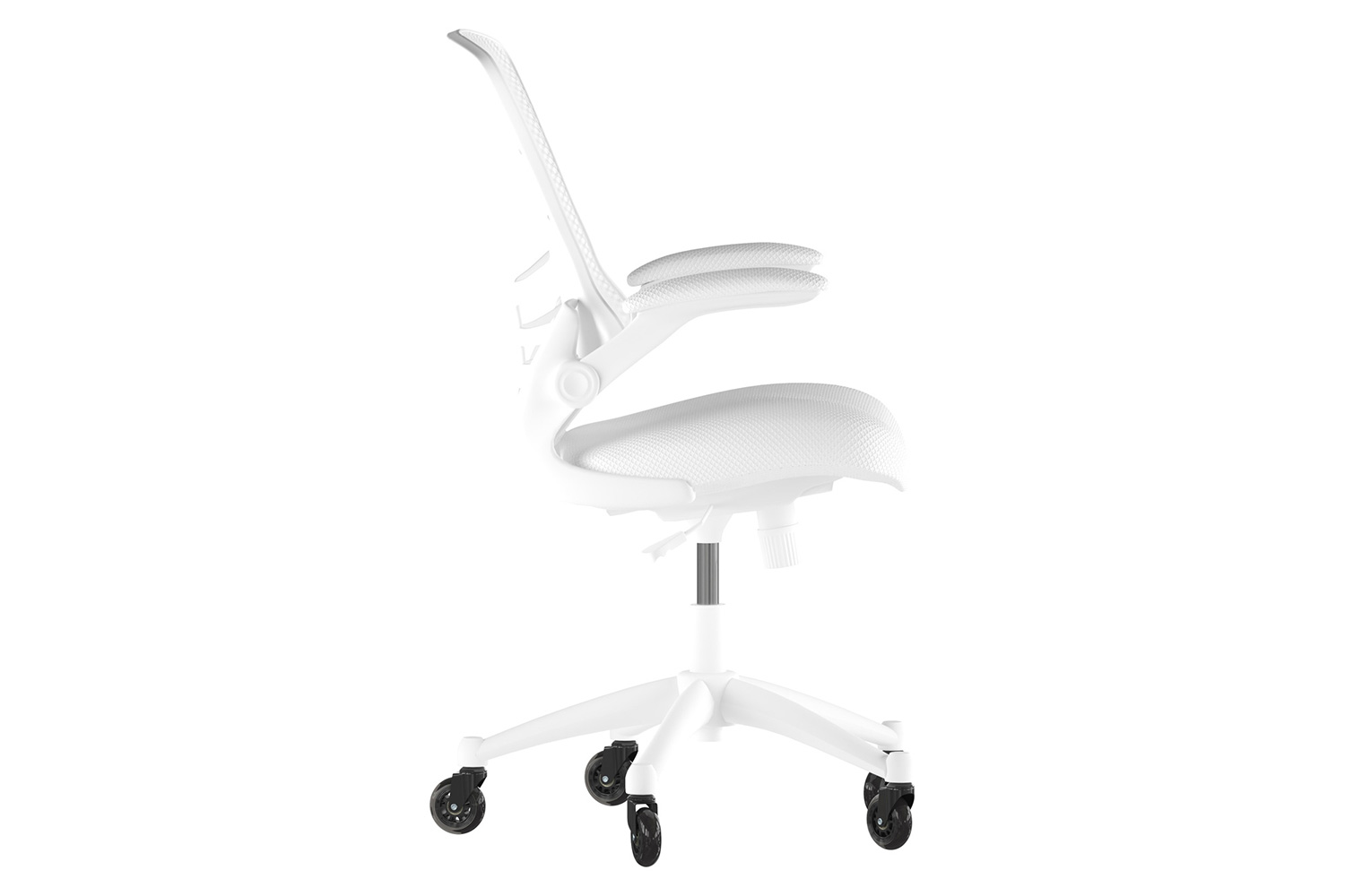 BLNK Kelista Mid-Back Mesh Swivel Ergonomic Task Office Chair with White Frame, Flip-Up Arms, and Transparent Roller Wheels - White