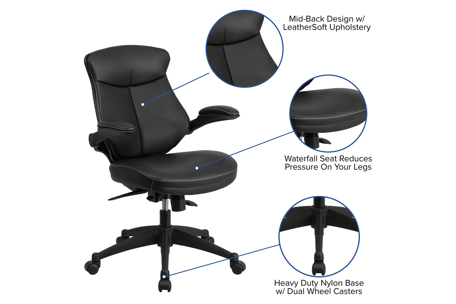 BLNK - Kale LeatherSoft Mid-Back Executive Swivel Ergonomic Office Chair with Back Angle Adjustment and Flip-Up Arms