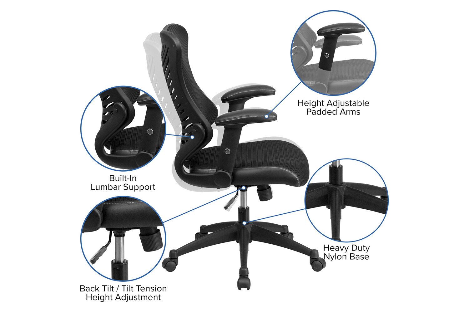 BLNK Kale High-Back Designer Mesh Executive Swivel Ergonomic Office Chair with Adjustable Arms - Black