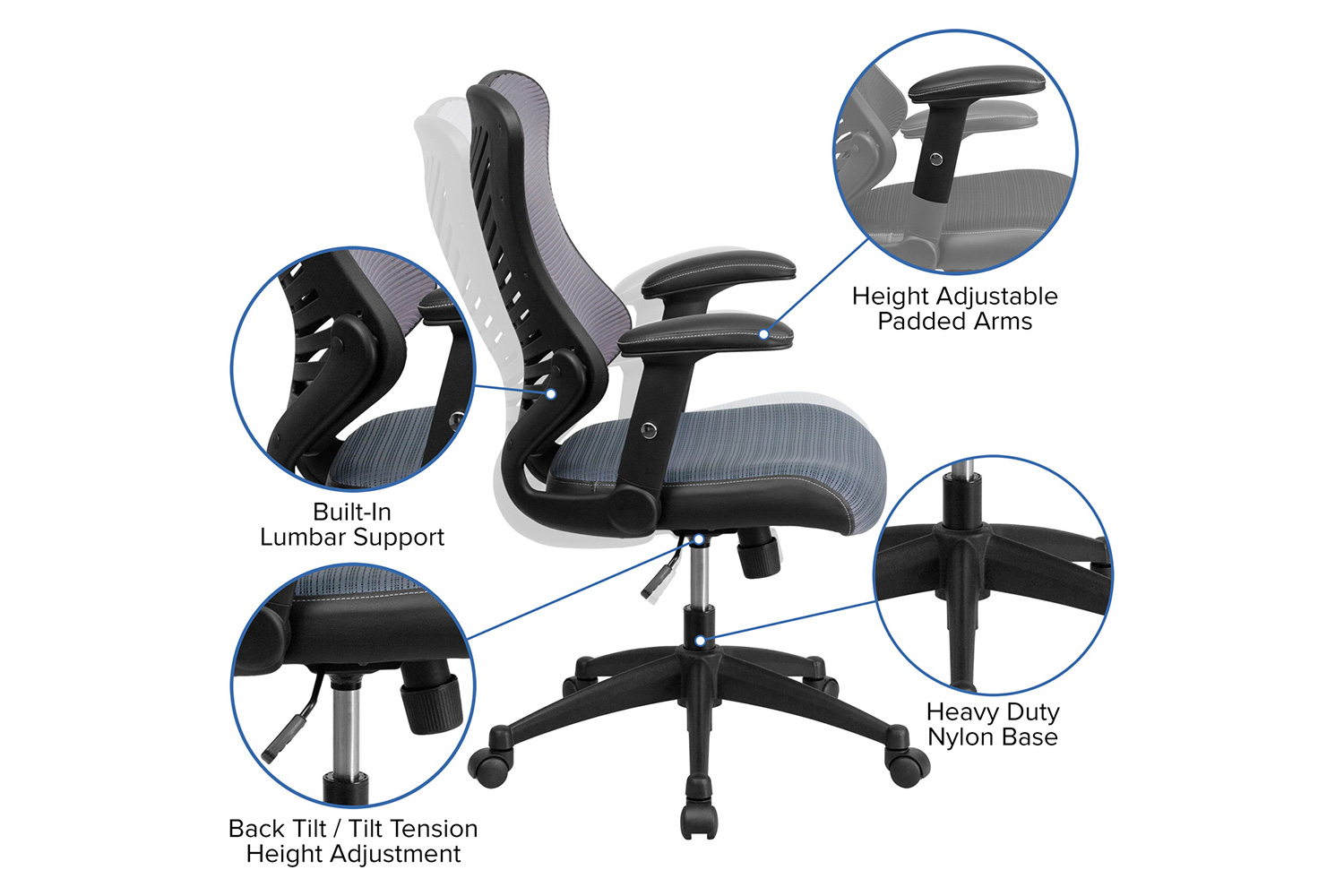 BLNK Kale High-Back Designer Mesh Executive Swivel Ergonomic Office Chair with Adjustable Arms - Gray