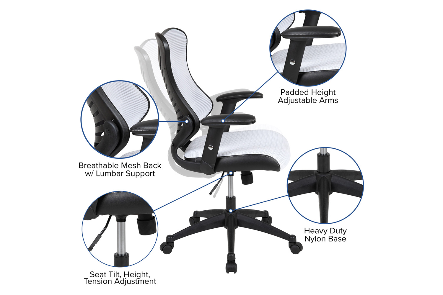 BLNK Kale High-Back Designer Mesh Executive Swivel Ergonomic Office Chair with Adjustable Arms - White