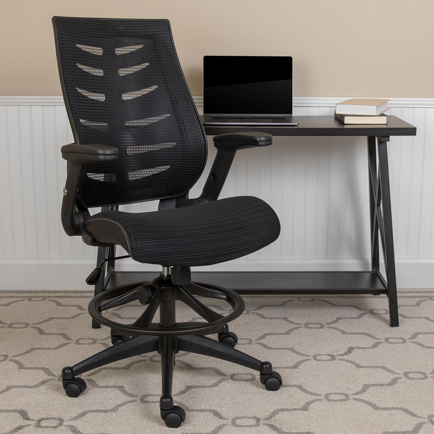 BLNK - Kale High-Back Mesh Spine-Back Ergonomic Drafting Chair with Adjustable Foot Ring and Adjustable Flip-Up Arms