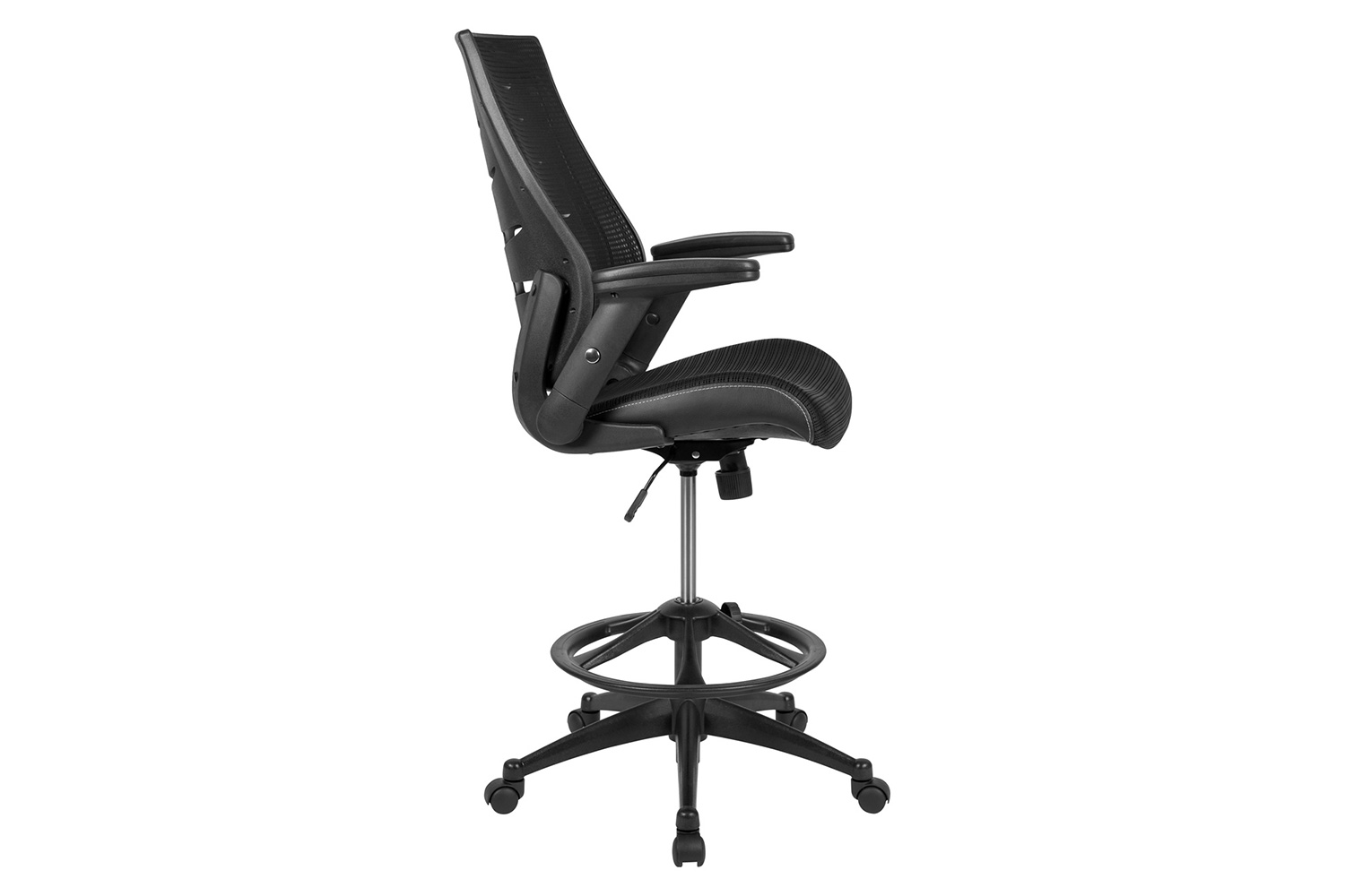 BLNK Kale High-Back Mesh Spine-Back Ergonomic Drafting Chair with Adjustable Foot Ring and Adjustable Flip-Up Arms - Black