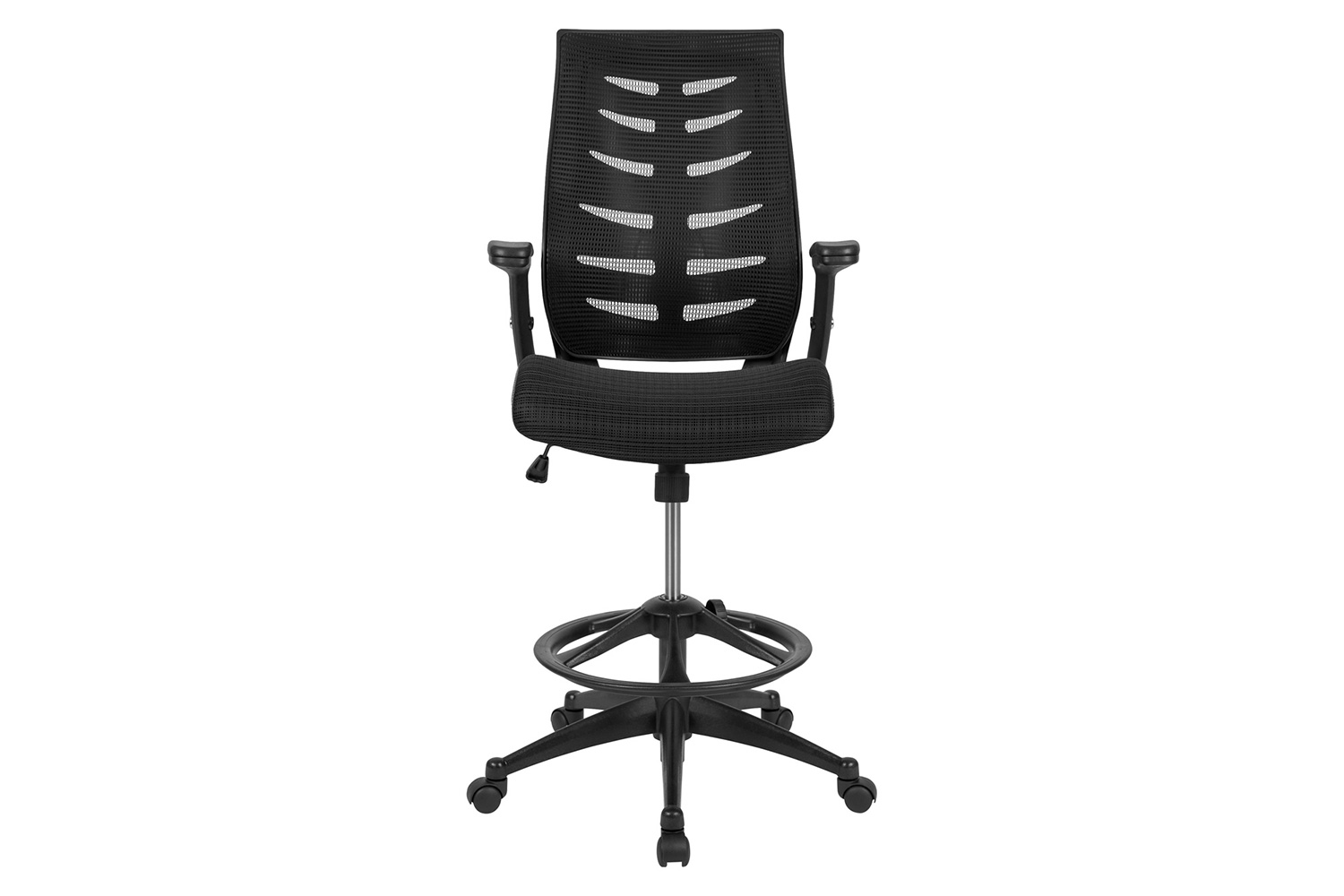 BLNK Kale High-Back Mesh Spine-Back Ergonomic Drafting Chair with Adjustable Foot Ring and Adjustable Flip-Up Arms - Black