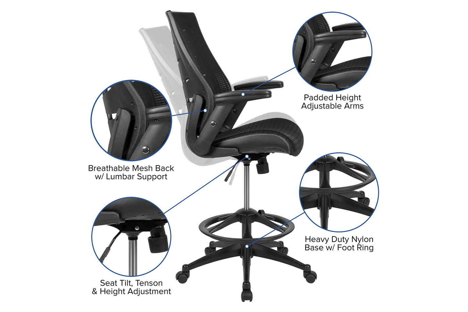 BLNK Kale High-Back Mesh Spine-Back Ergonomic Drafting Chair with Adjustable Foot Ring and Adjustable Flip-Up Arms - Black