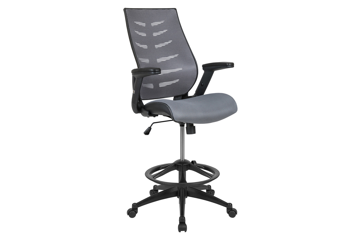 BLNK Kale High-Back Mesh Spine-Back Ergonomic Drafting Chair with Adjustable Foot Ring and Adjustable Flip-Up Arms - Dark Gray