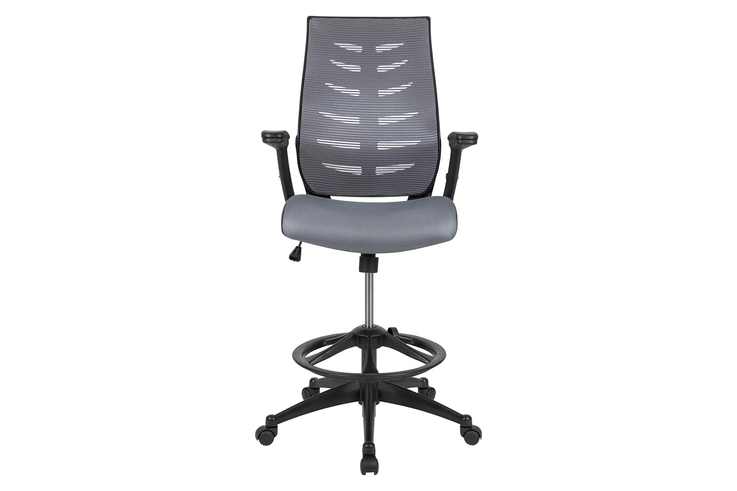 BLNK Kale High-Back Mesh Spine-Back Ergonomic Drafting Chair with Adjustable Foot Ring and Adjustable Flip-Up Arms - Dark Gray