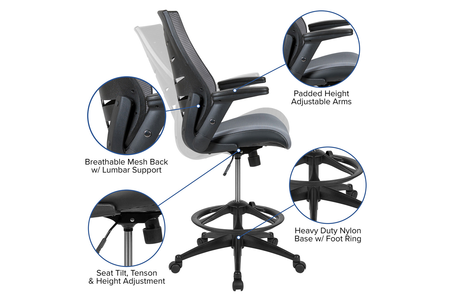 BLNK Kale High-Back Mesh Spine-Back Ergonomic Drafting Chair with Adjustable Foot Ring and Adjustable Flip-Up Arms - Dark Gray