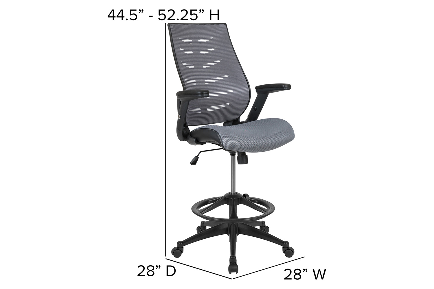 BLNK Kale High-Back Mesh Spine-Back Ergonomic Drafting Chair with Adjustable Foot Ring and Adjustable Flip-Up Arms - Dark Gray