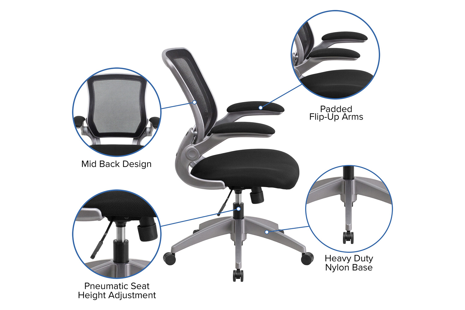 BLNK Kale Mid-Back Mesh Swivel Ergonomic Task Office Chair with Gray Frame and Flip-Up Arms - Black