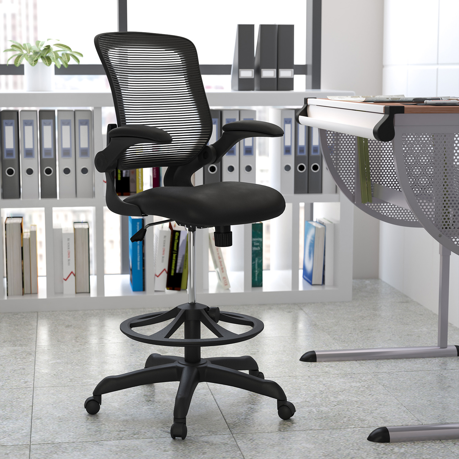 BLNK Kale Mid-Back Mesh Ergonomic Drafting Chair with Adjustable Foot Ring and Flip-Up Arms