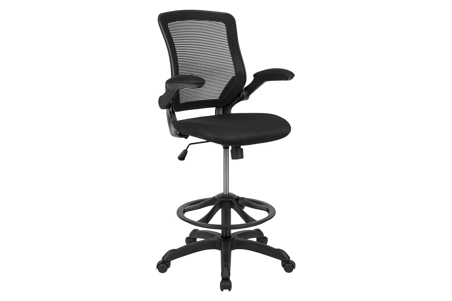 BLNK Kale Mid-Back Mesh Ergonomic Drafting Chair with Adjustable Foot Ring and Flip-Up Arms - Black