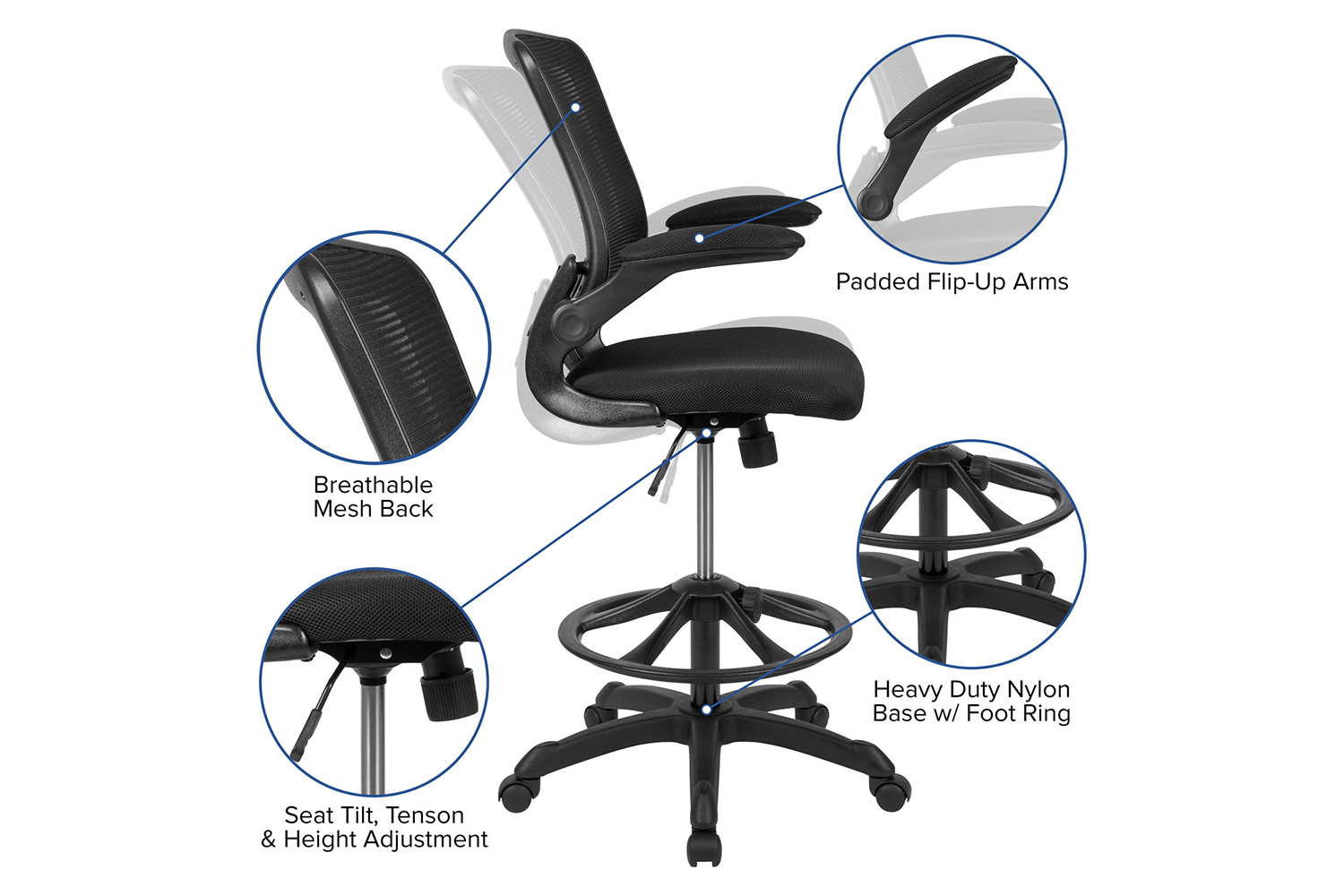 BLNK Kale Mid-Back Mesh Ergonomic Drafting Chair with Adjustable Foot Ring and Flip-Up Arms - Black