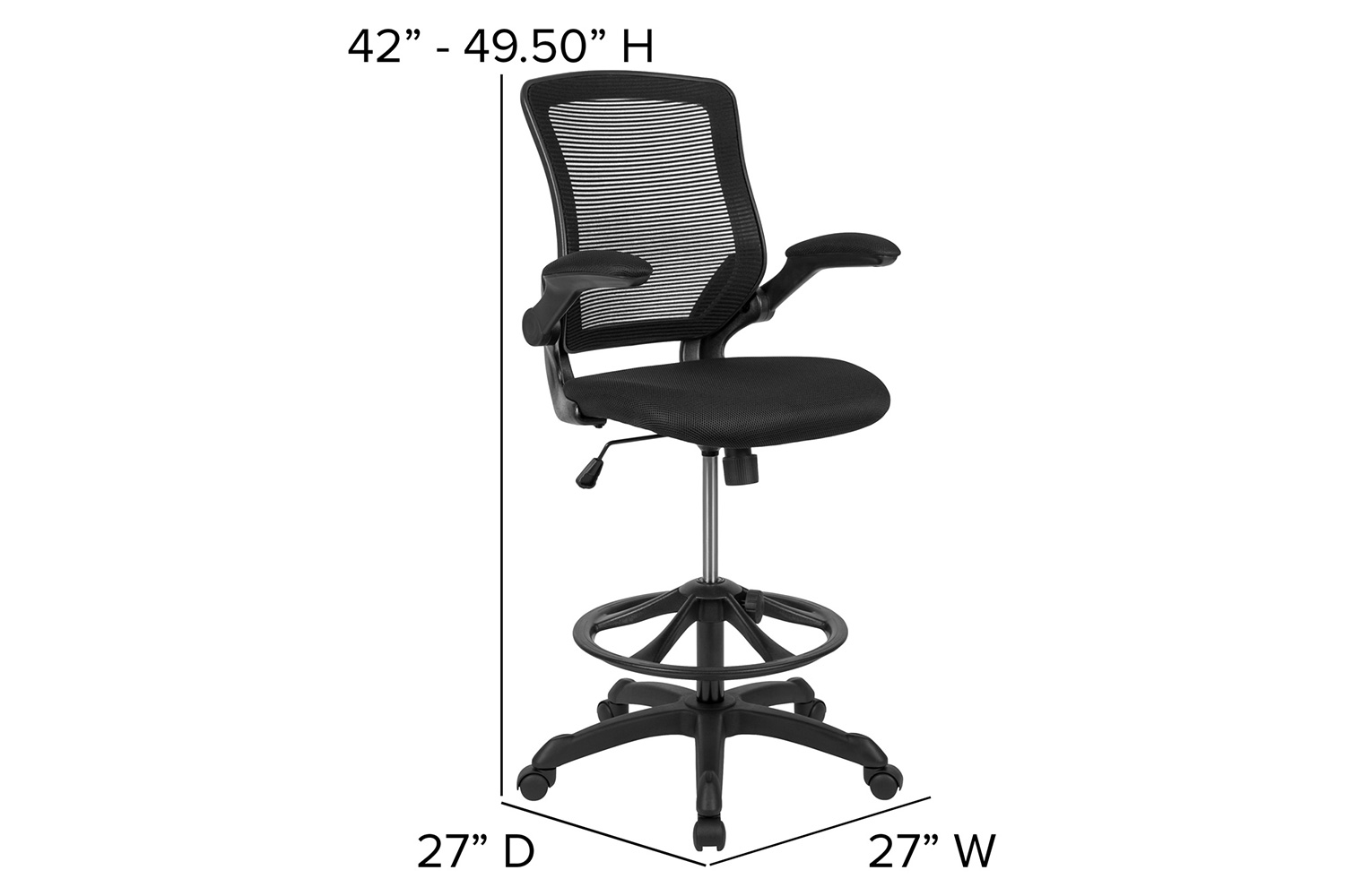 BLNK Kale Mid-Back Mesh Ergonomic Drafting Chair with Adjustable Foot Ring and Flip-Up Arms - Black