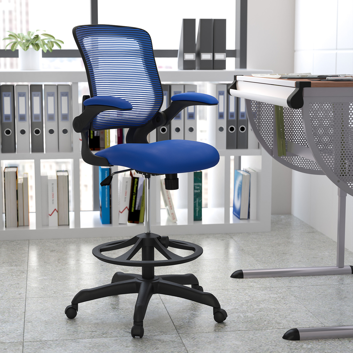 BLNK Kale Mid-Back Mesh Ergonomic Drafting Chair with Adjustable Foot Ring and Flip-Up Arms