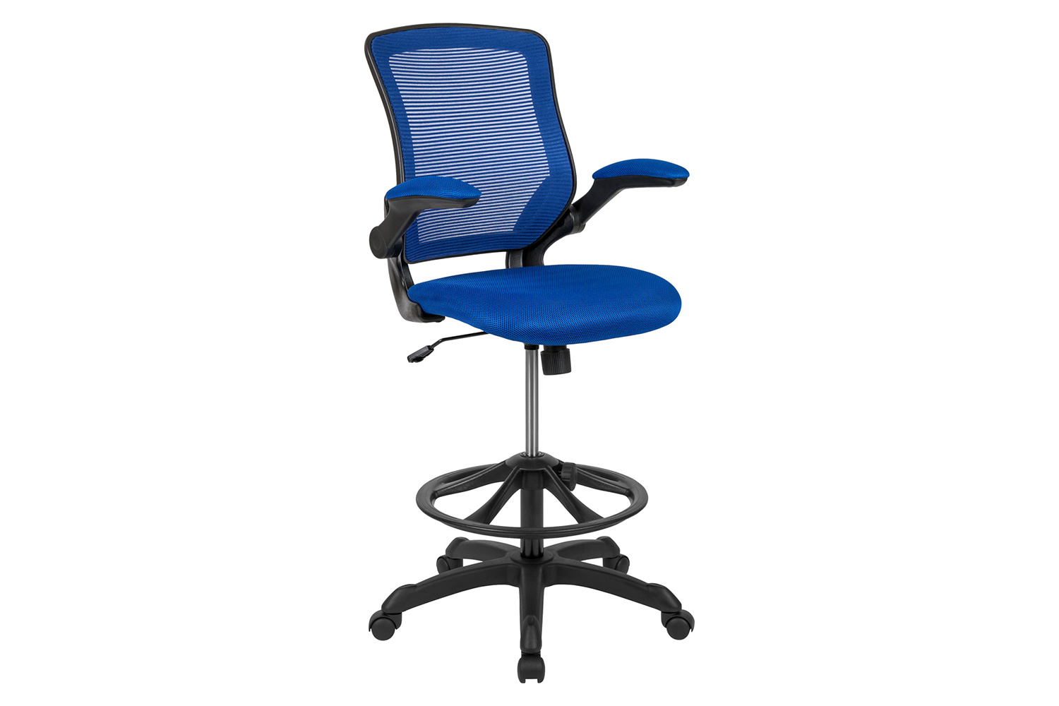 BLNK Kale Mid-Back Mesh Ergonomic Drafting Chair with Adjustable Foot Ring and Flip-Up Arms - Blue