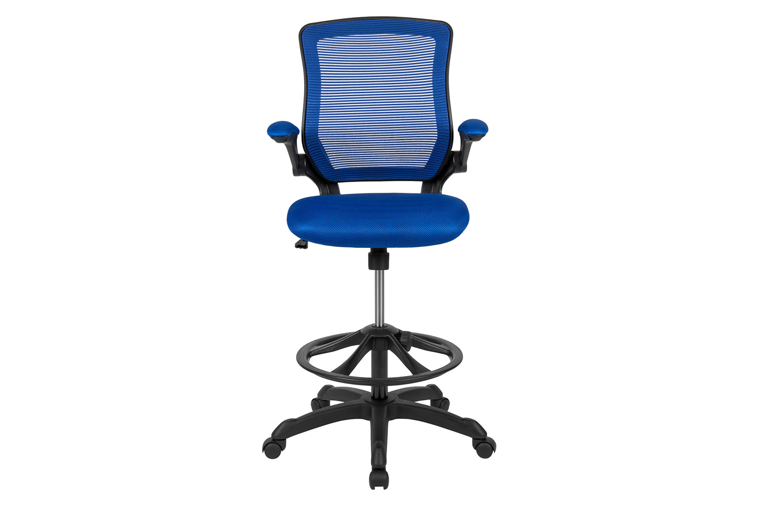 BLNK Kale Mid-Back Mesh Ergonomic Drafting Chair with Adjustable Foot Ring and Flip-Up Arms - Blue