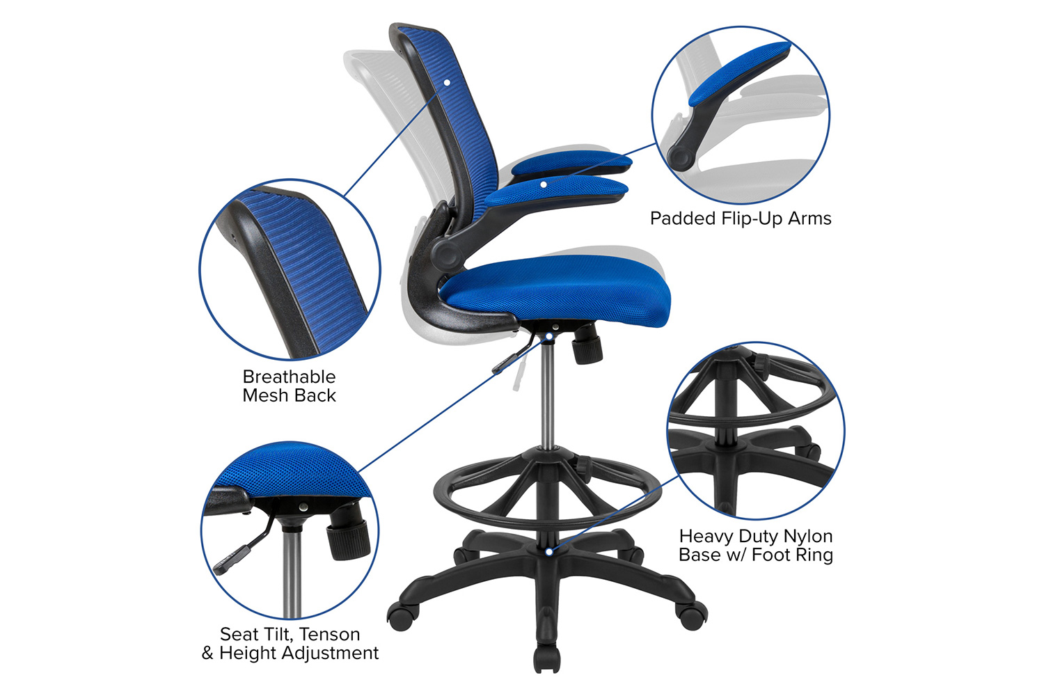 BLNK Kale Mid-Back Mesh Ergonomic Drafting Chair with Adjustable Foot Ring and Flip-Up Arms - Blue