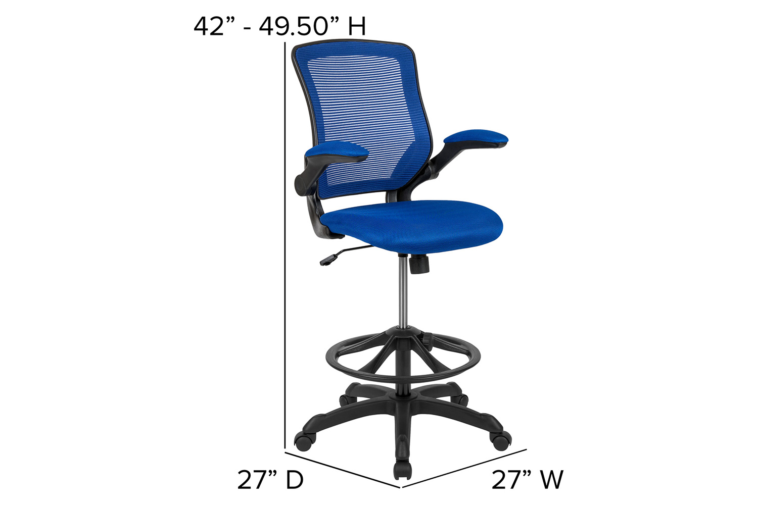 BLNK Kale Mid-Back Mesh Ergonomic Drafting Chair with Adjustable Foot Ring and Flip-Up Arms - Blue