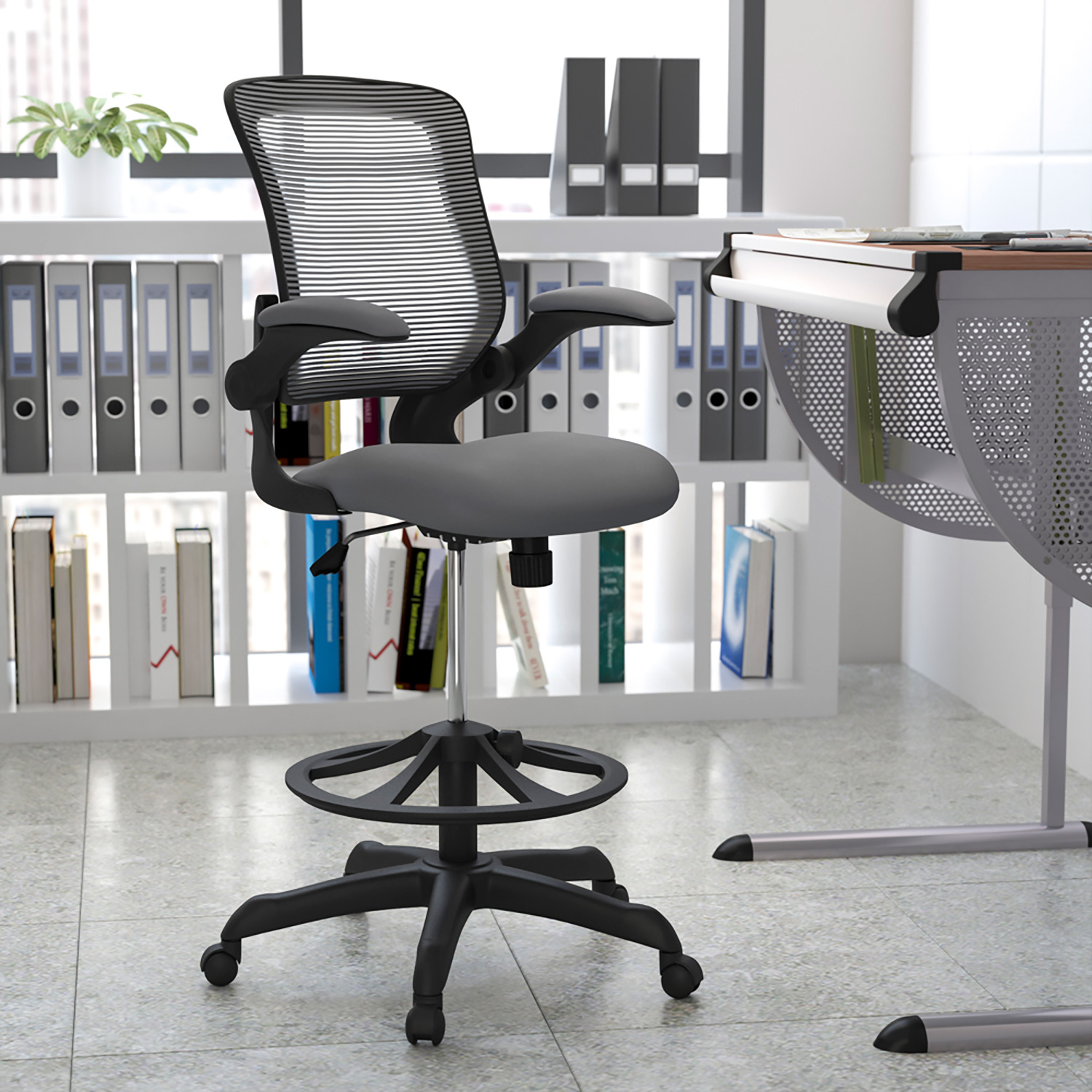 BLNK Kale Mid-Back Mesh Ergonomic Drafting Chair with Adjustable Foot Ring and Flip-Up Arms