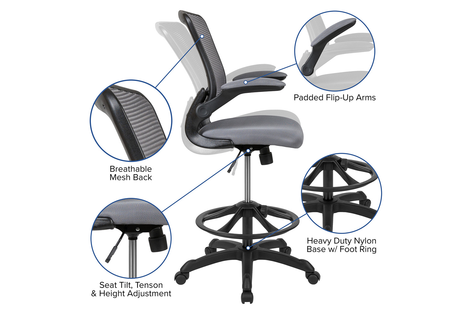 BLNK Kale Mid-Back Mesh Ergonomic Drafting Chair with Adjustable Foot Ring and Flip-Up Arms - Dark Gray