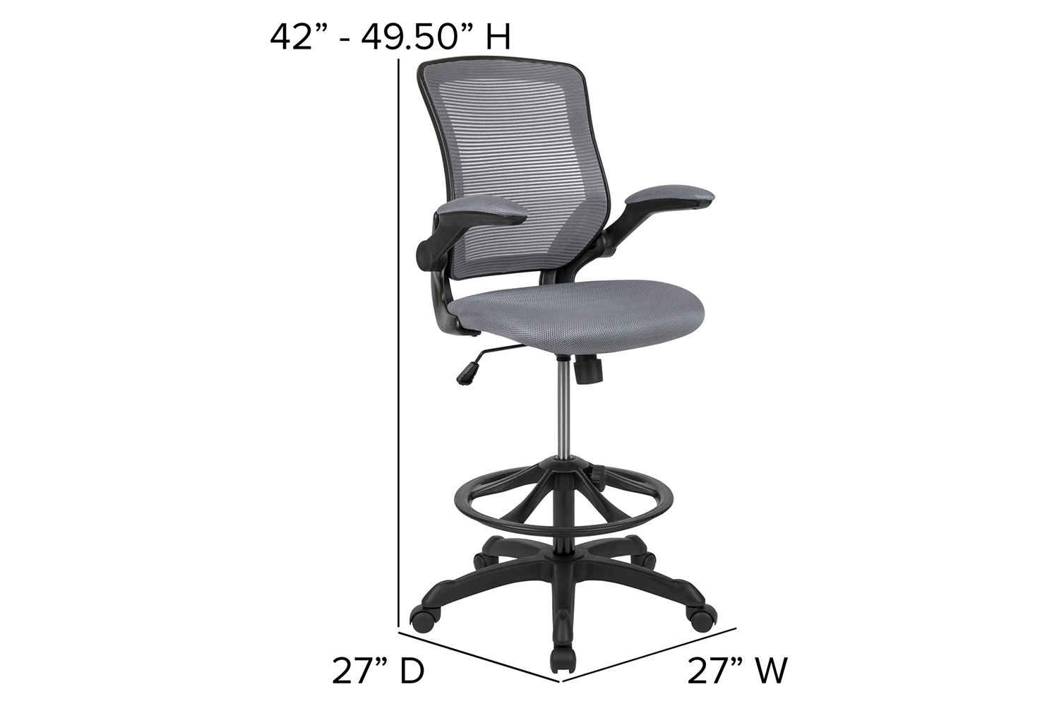 BLNK Kale Mid-Back Mesh Ergonomic Drafting Chair with Adjustable Foot Ring and Flip-Up Arms - Dark Gray