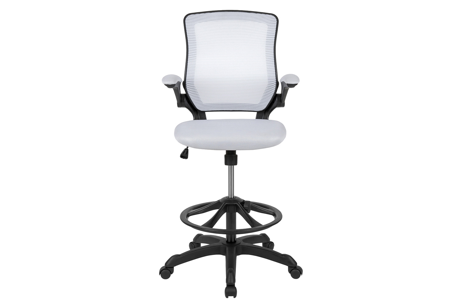 BLNK Kale Mid-Back Mesh Ergonomic Drafting Chair with Adjustable Foot Ring and Flip-Up Arms - White